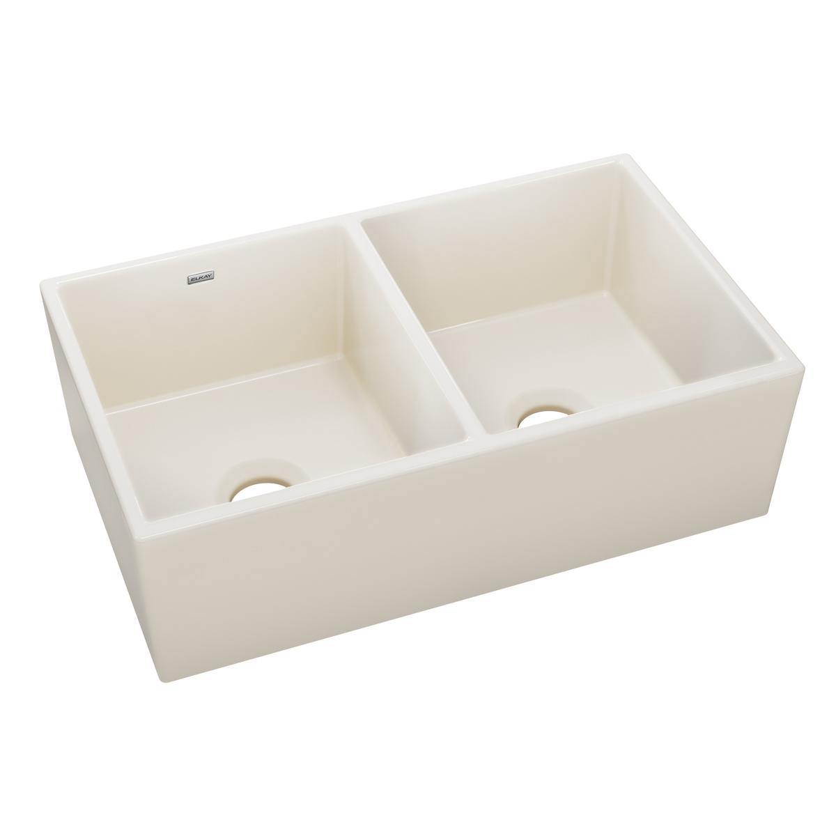 Elkay 33" Fireclay Farmhouse Kitchen Sink, 50/50 Double Bowl, Biscuit, SWUF32189BI - The Sink Boutique