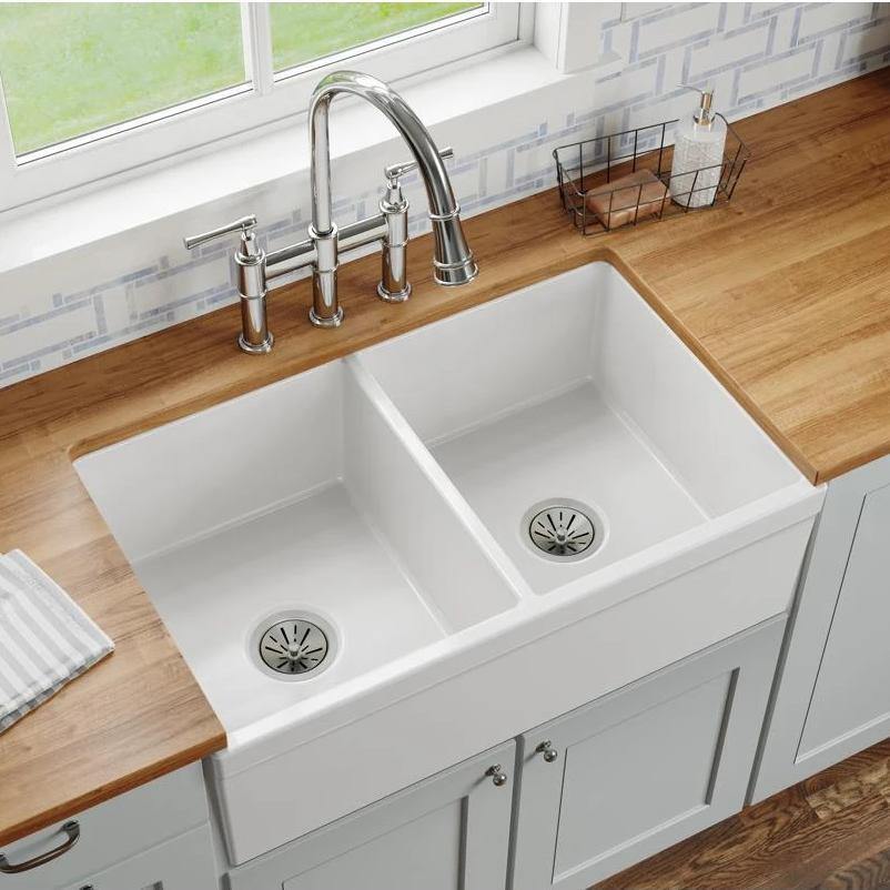 Elkay 33" Fireclay Farmhouse Kitchen Sink, 50/50 Double Bowl, White, SWUF32189WH - The Sink Boutique