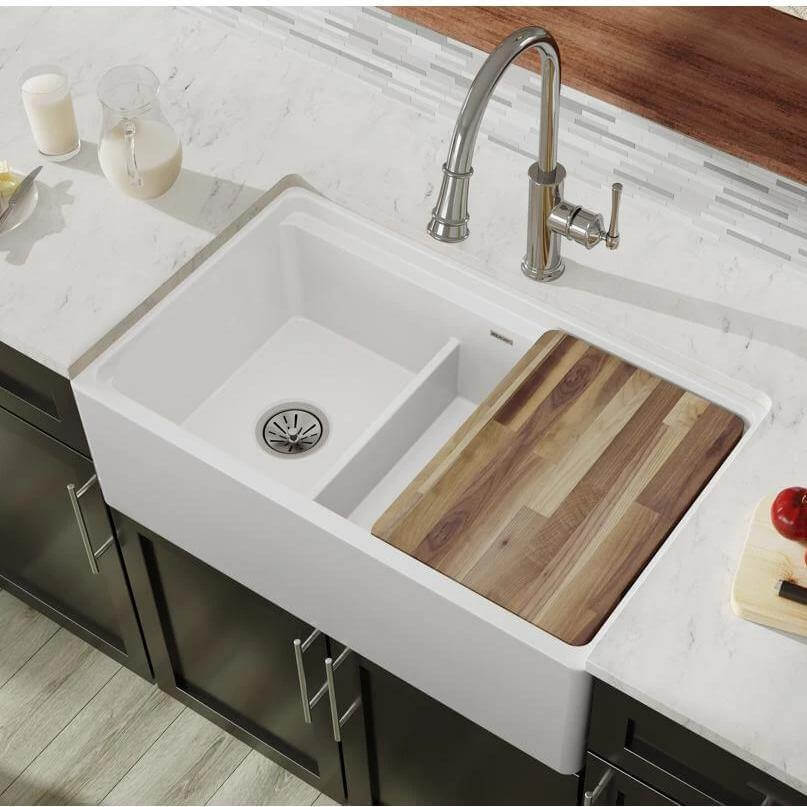 Elkay 33" Fireclay Farmhouse Kitchen Sink, 40/60 Double Bowl, White, SWUF3320WH - The Sink Boutique