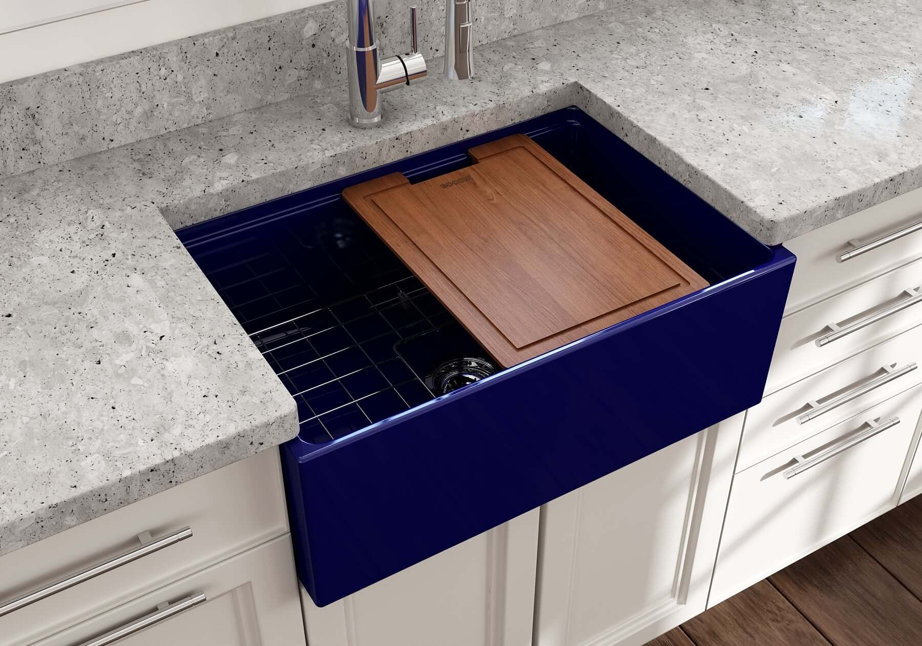 BOCCHI Contempo 27" Fireclay Workstation Farmhouse Sink Kit with Accessories, Sapphire Blue, 1628-010-0120