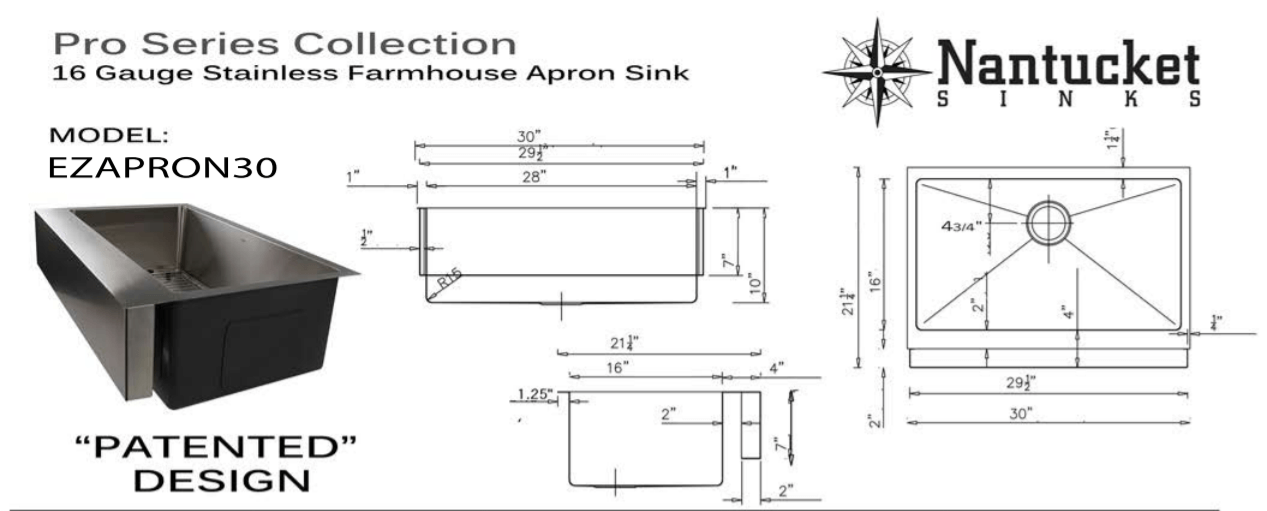 Nantucket Sinks Pro Series 30" Stainless Steel Retrofit Farmhouse Sink, 16 Gauge, EZApron30