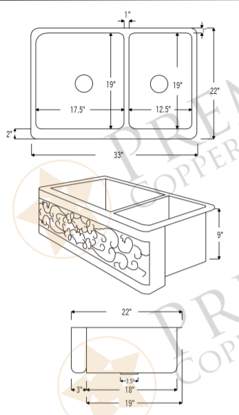 Dimensions of Premier Copper Products 33" Copper Farmhouse Sink, 60/40 Double Bowl, Oil Rubbed Bronze and Nickel, KA60DB33229S-NB