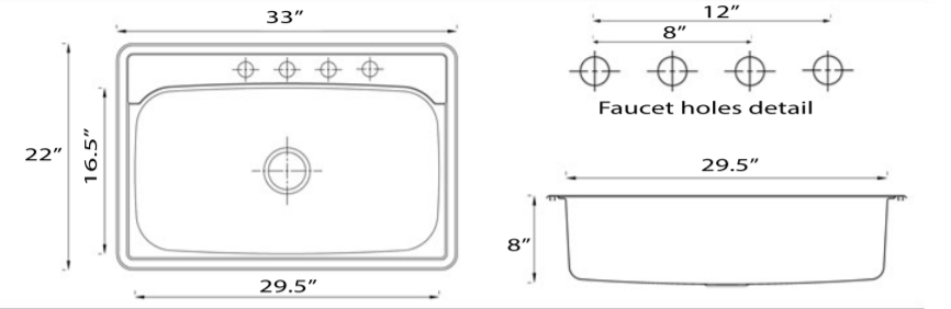 Nantucket Sinks Madaket 33" Stainless Steel Kitchen Sink, 18 Gauge, NS3322-8