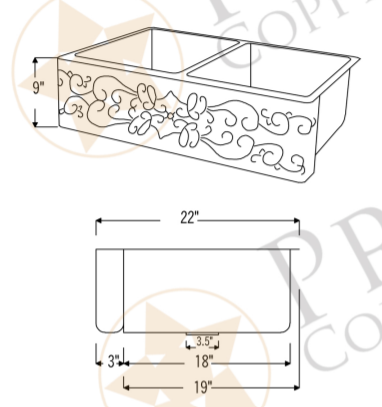 Dimensions of Premier Copper Products 33" Copper Farmhouse Sink, 50/50 Double Bowl, Oil Rubbed Bronze, KA50DB33229S