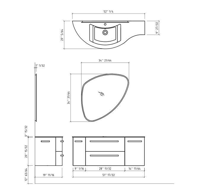 Latoscana 52" Modern Bathroom Vanity, Ameno Series, Left Side, AM52L