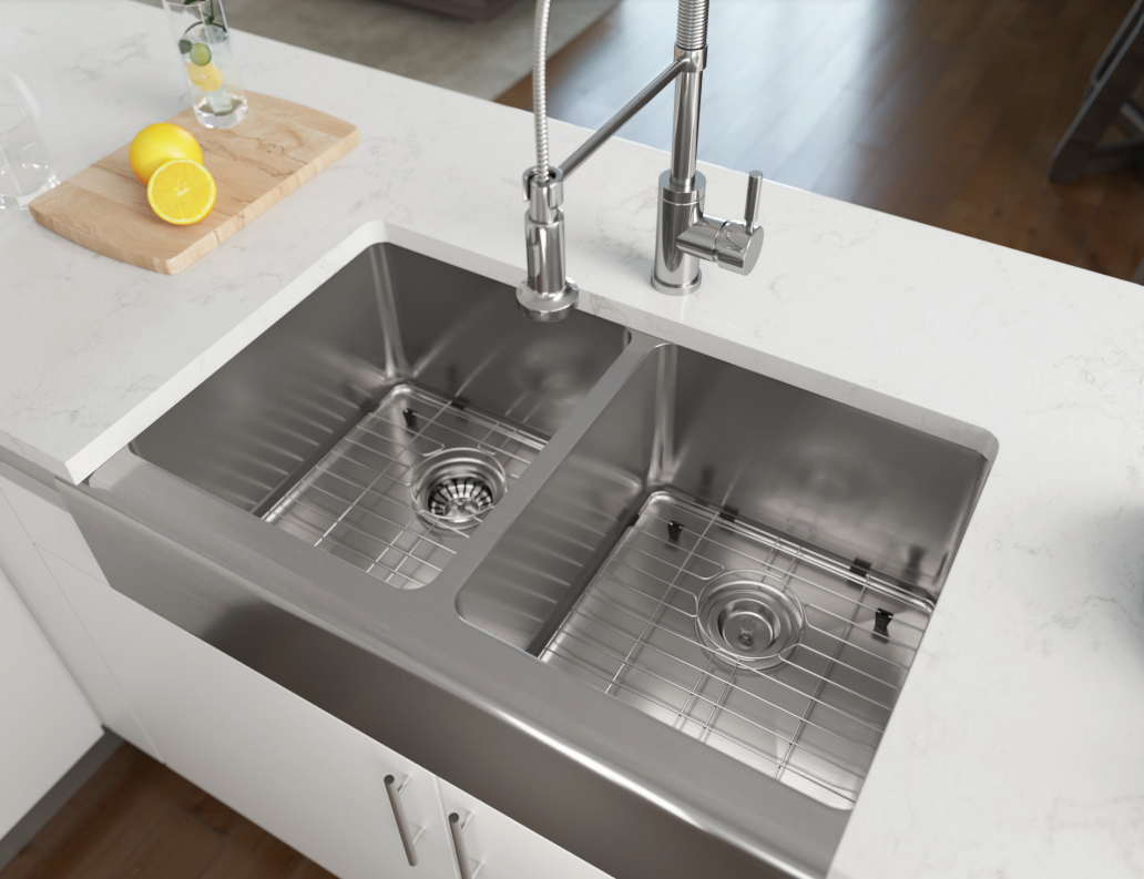 Rene 33" Stainless Steel Farmhouse Sink, 50/50 Double Bowl, 16 Gauge, R1-3002-16