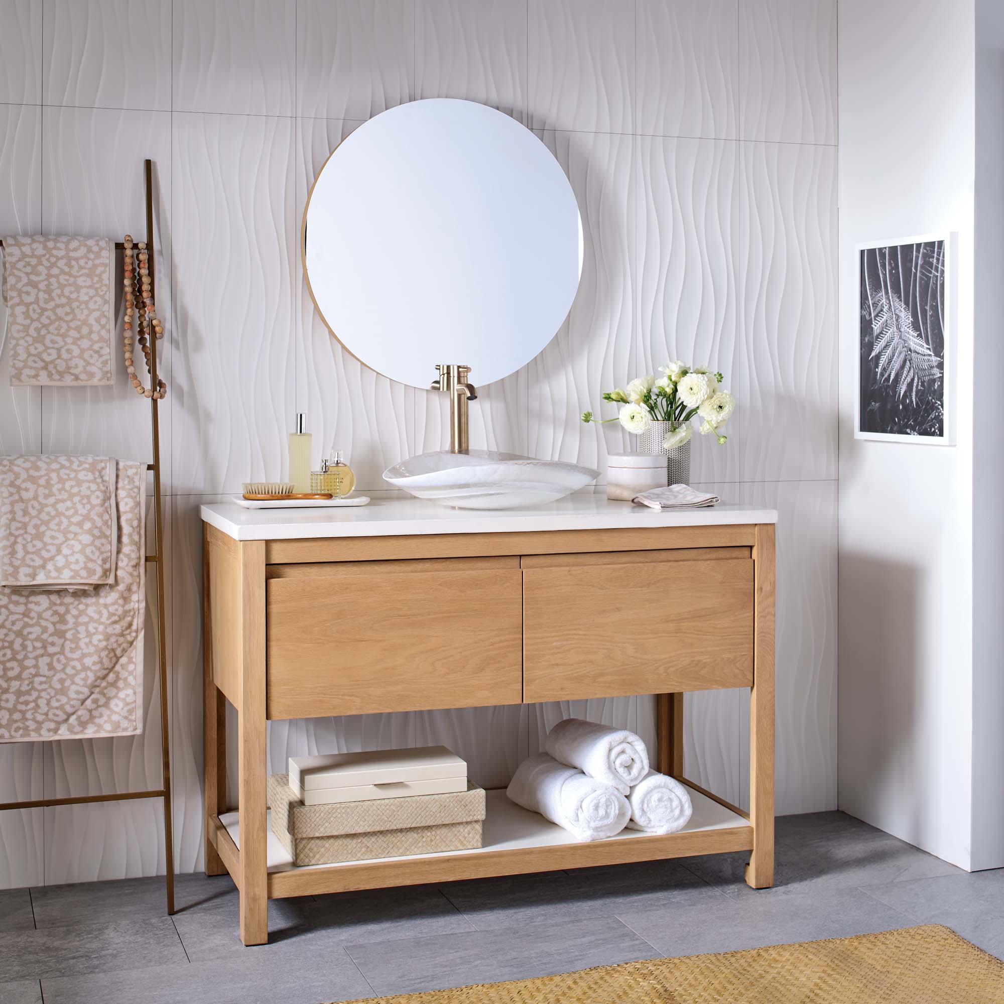 Native Trails 48" Solace Freestanding Vanity Base in Sunrise Oak with Pearl Shelf, VNO481-P