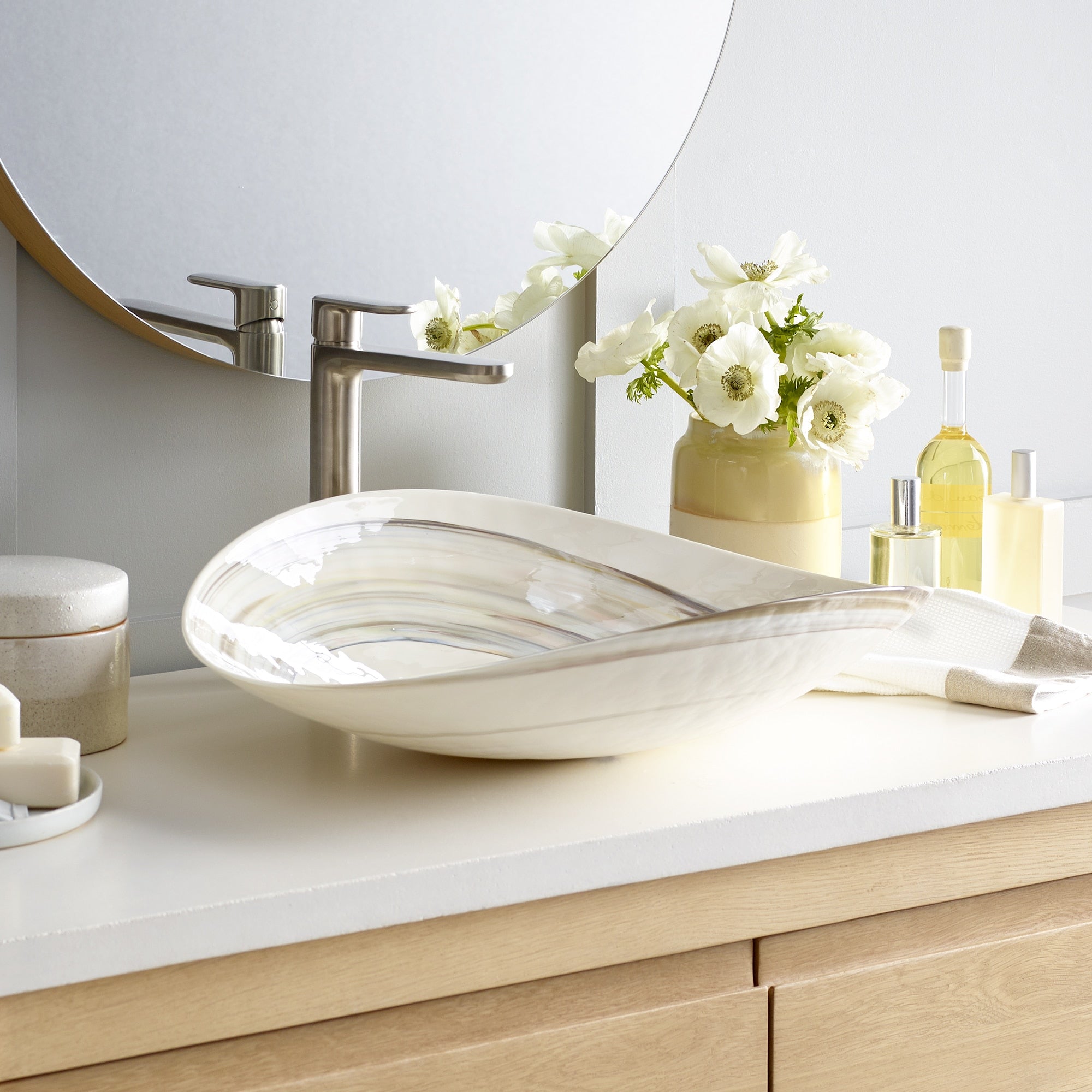 Native Trails Murano 20" Asymmetrical Rounded Curve-Shaped Glass Vessel Bathroom Sink, Abalone, MG2017-AE