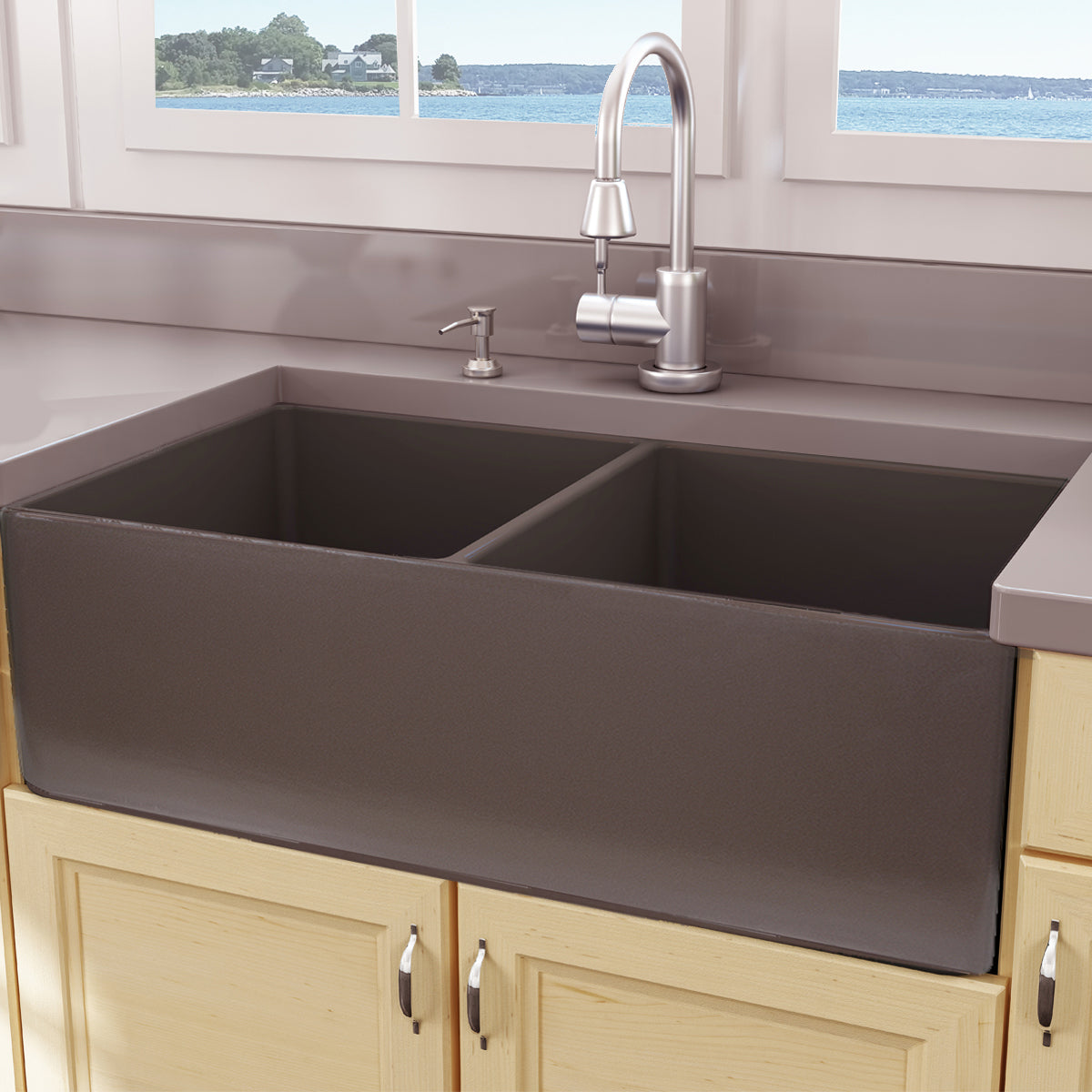 Alternate Image for Nantucket Sinks Cape 33" Fireclay Farmhouse Sink, 50/50 Double Bowl, Coffee Brown, T-FCFS33CB-DBL