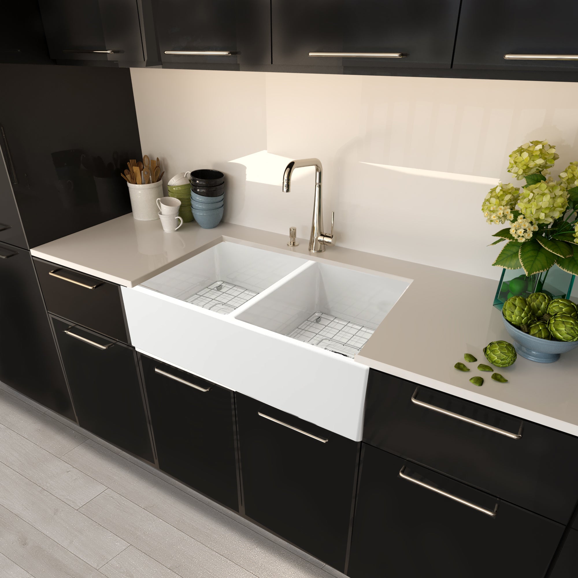Nantucket Sinks Cape 36" Fireclay Farmhouse Sink with Accessories, White, T-FCFS36-DBL - The Sink Boutique