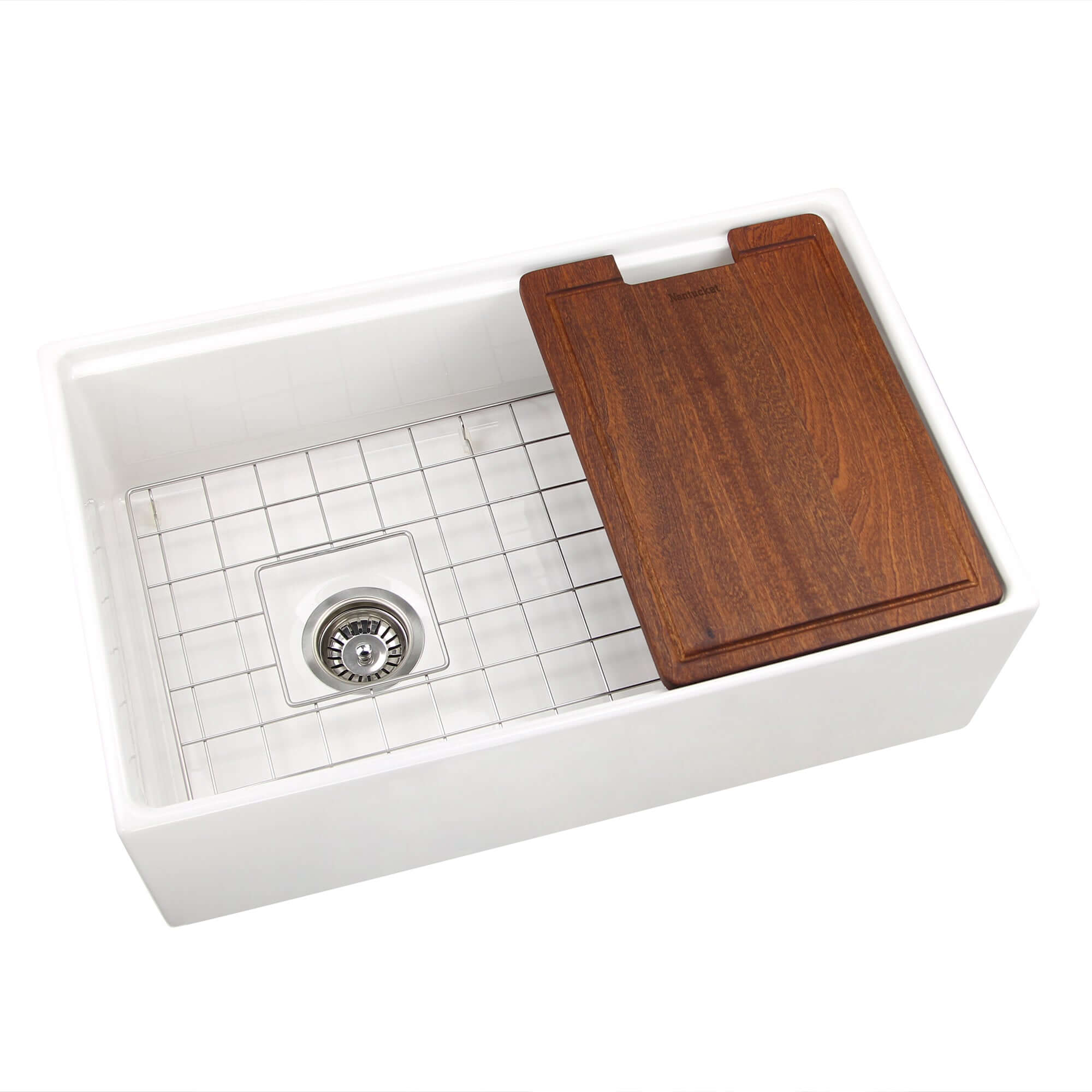 Nantucket Sinks Cape 30" Fireclay Workstation Farmhouse Sink with Accessories, White, T-PS30W