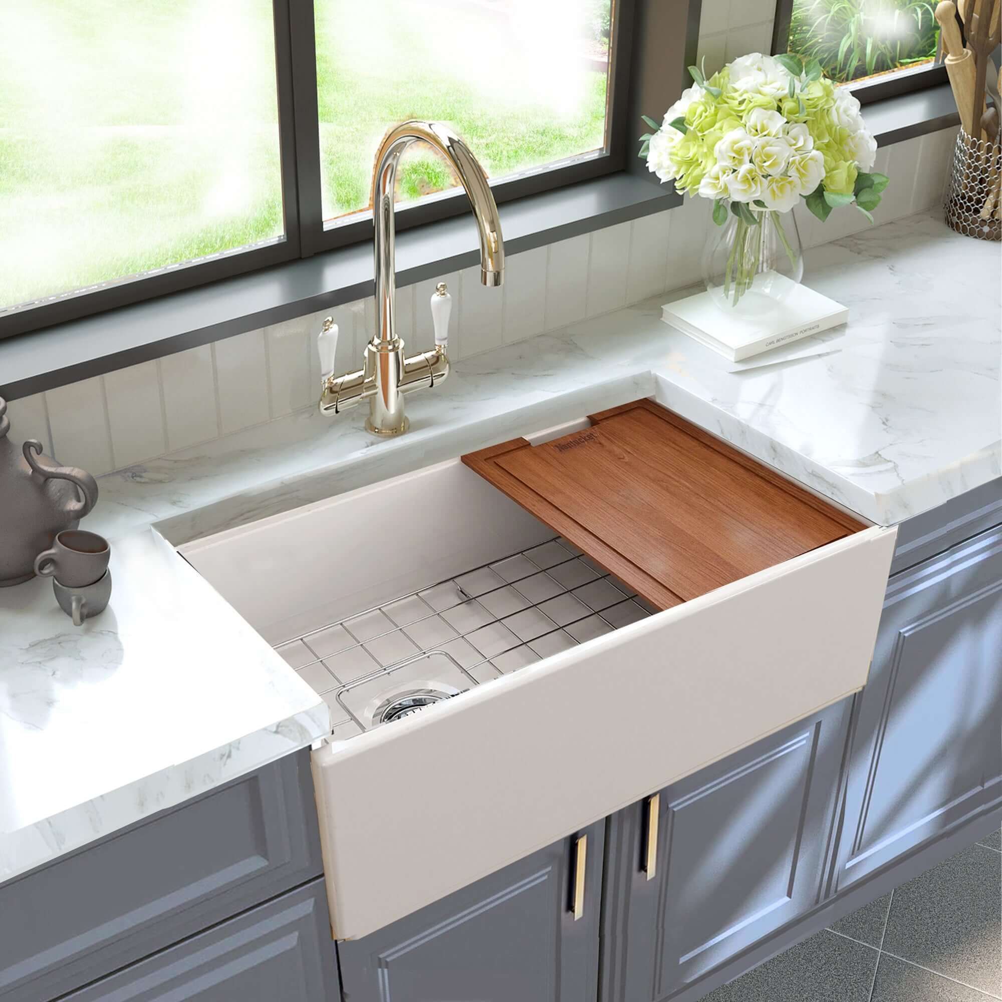 Nantucket Sinks Cape 30" Fireclay Workstation Farmhouse Sink with Accessories, White, T-PS30W