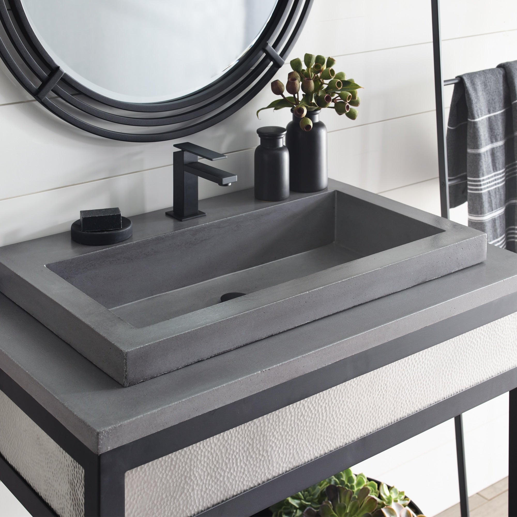 Native Trails Trough 30" Rectangle NativeStone Concrete Bathroom Sink, 1 Faucet Hole, Slate, NSL3019-S