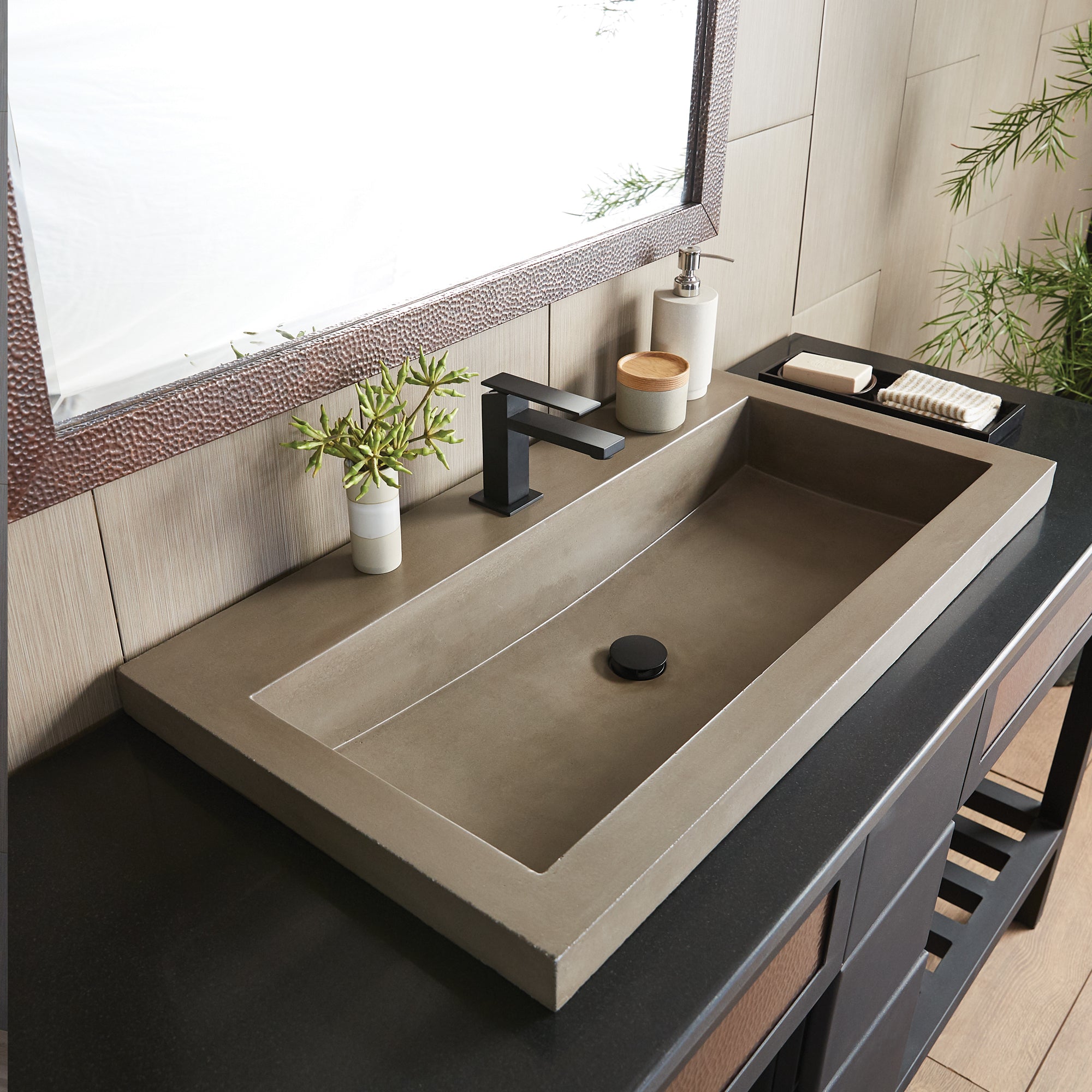 Native Trails Trough 36" Rectangle NativeStone Concrete Bathroom Sink, No Faucet Hole, Earth, NSL3619-EX