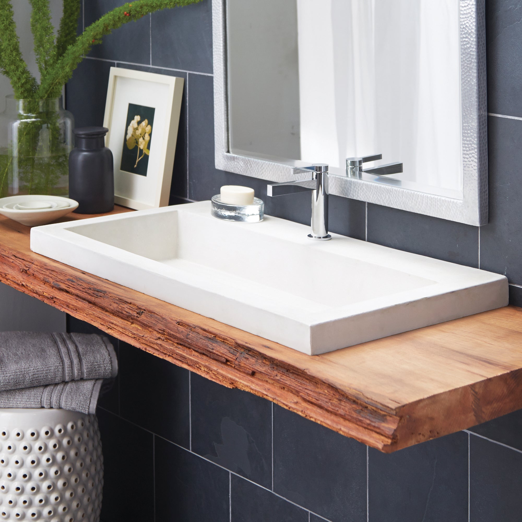 Native Trails Trough 36" Rectangle NativeStone Concrete Bathroom Sink, No Faucet Hole, Pearl, NSL3619-PX