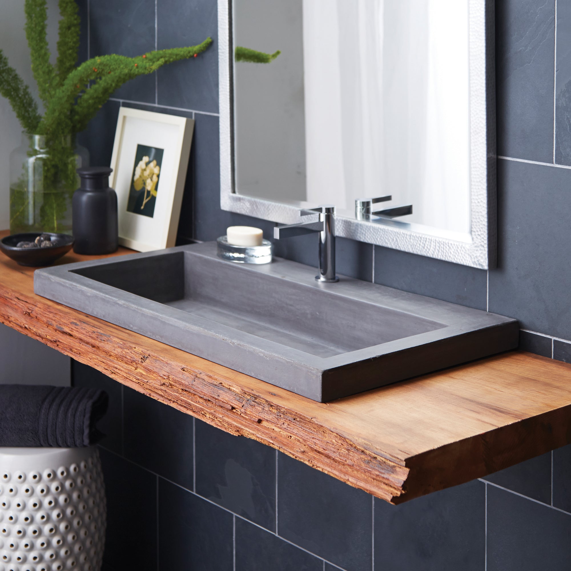Native Trails Trough 36" Rectangle NativeStone Concrete Bathroom Sink, No Faucet Hole, Slate, NSL3619-SX