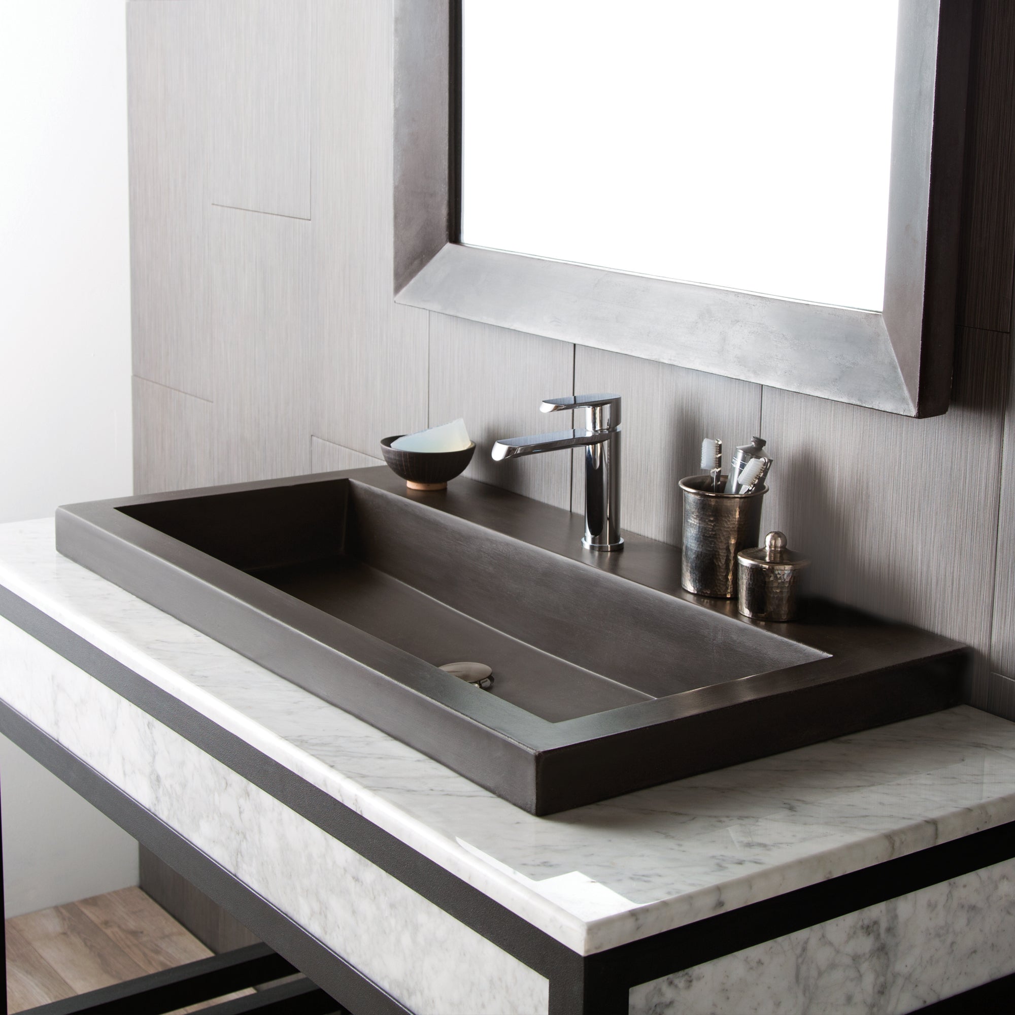 Native Trails Trough 36" Rectangle NativeStone Concrete Bathroom Sink, No Faucet Hole, Slate, NSL3619-SX