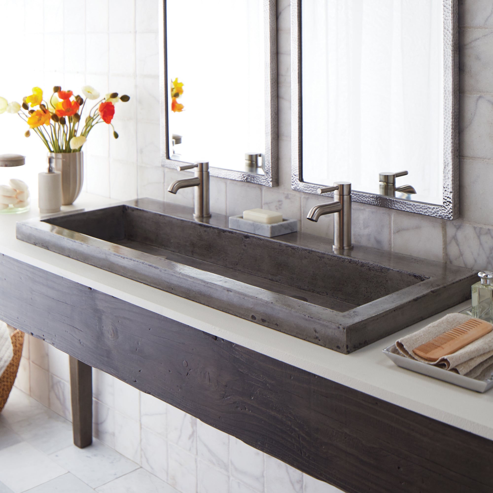 Native Trails Trough 48" Rectangle NativeStone Concrete Bathroom Sink, 2 Faucet Holes, Ash, NSL4819-A