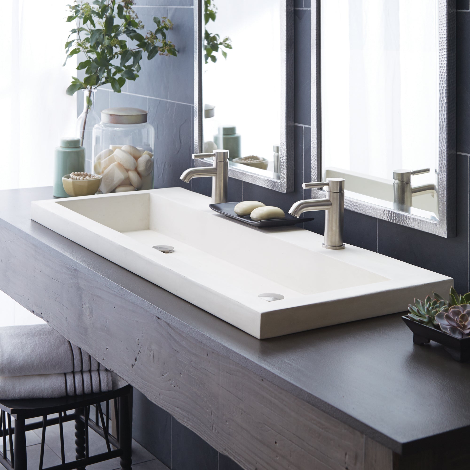 Native Trails Trough 48" Rectangle NativeStone Concrete Bathroom Sink, 2 Faucet Holes, Pearl, NSL4819-P