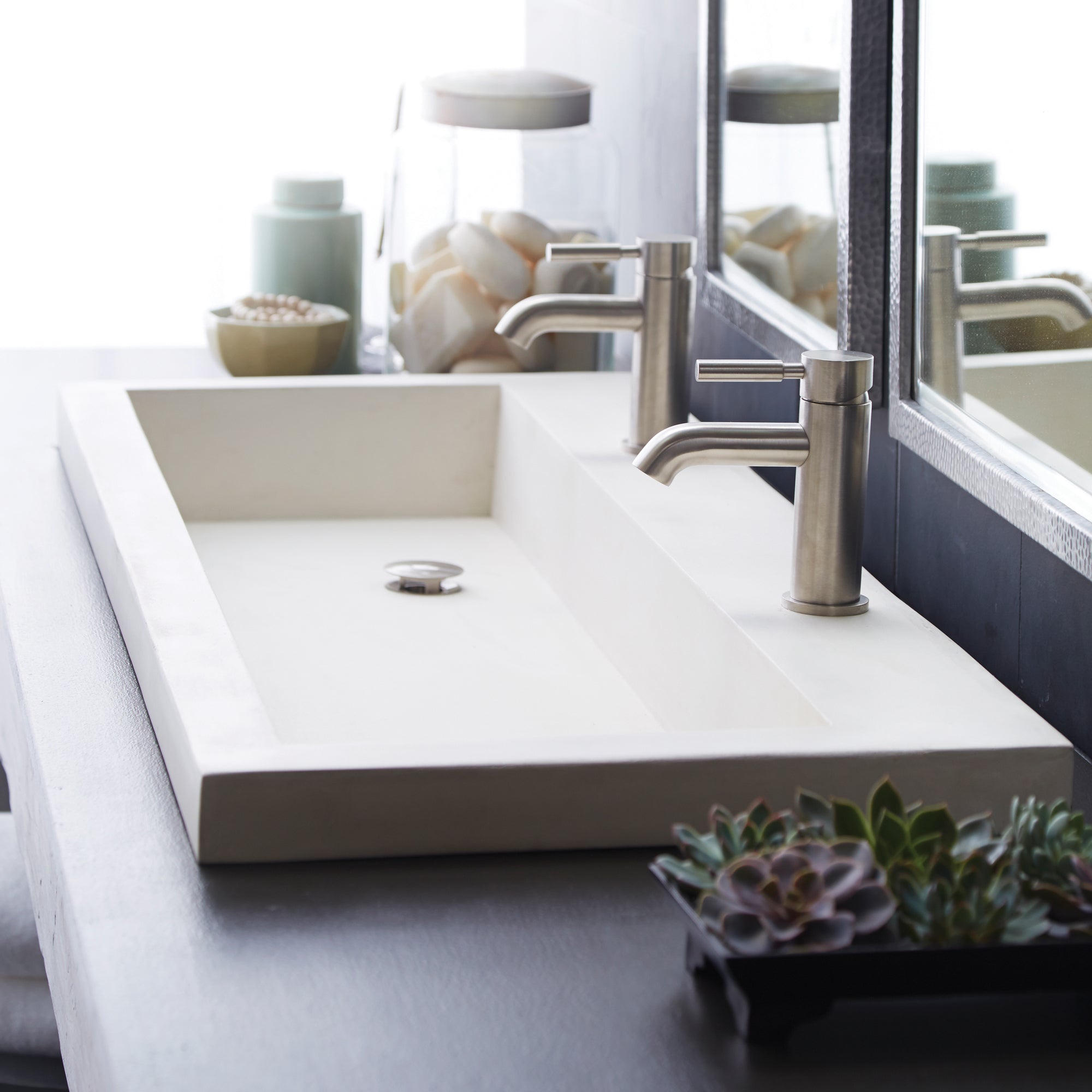Native Trails Trough 48" Rectangle NativeStone Concrete Bathroom Sink, 2 Faucet Holes, Pearl, NSL4819-P