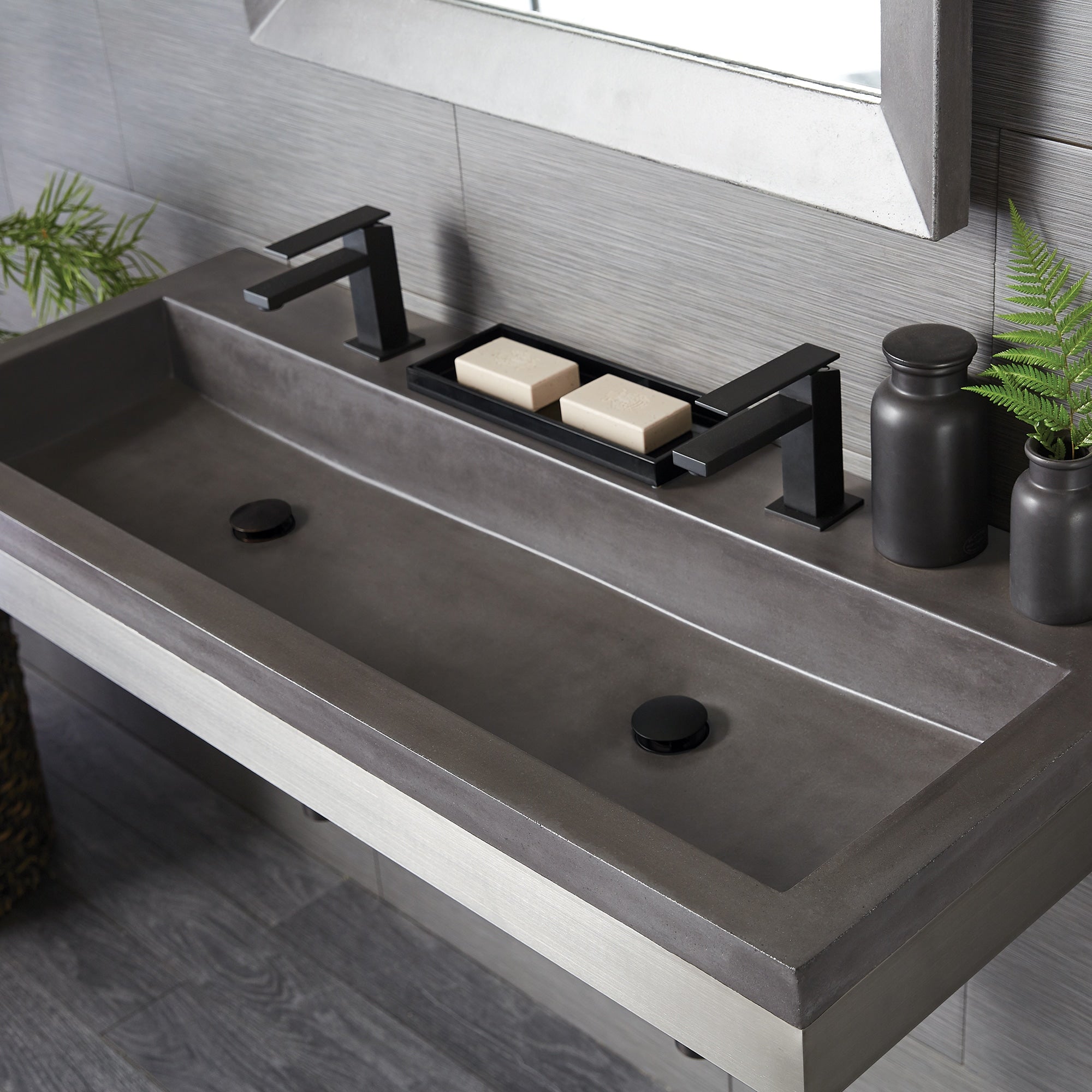 Native Trails Trough 48" Rectangle NativeStone Concrete Bathroom Sink, 2 Faucet Holes, Slate, NSL4819-S
