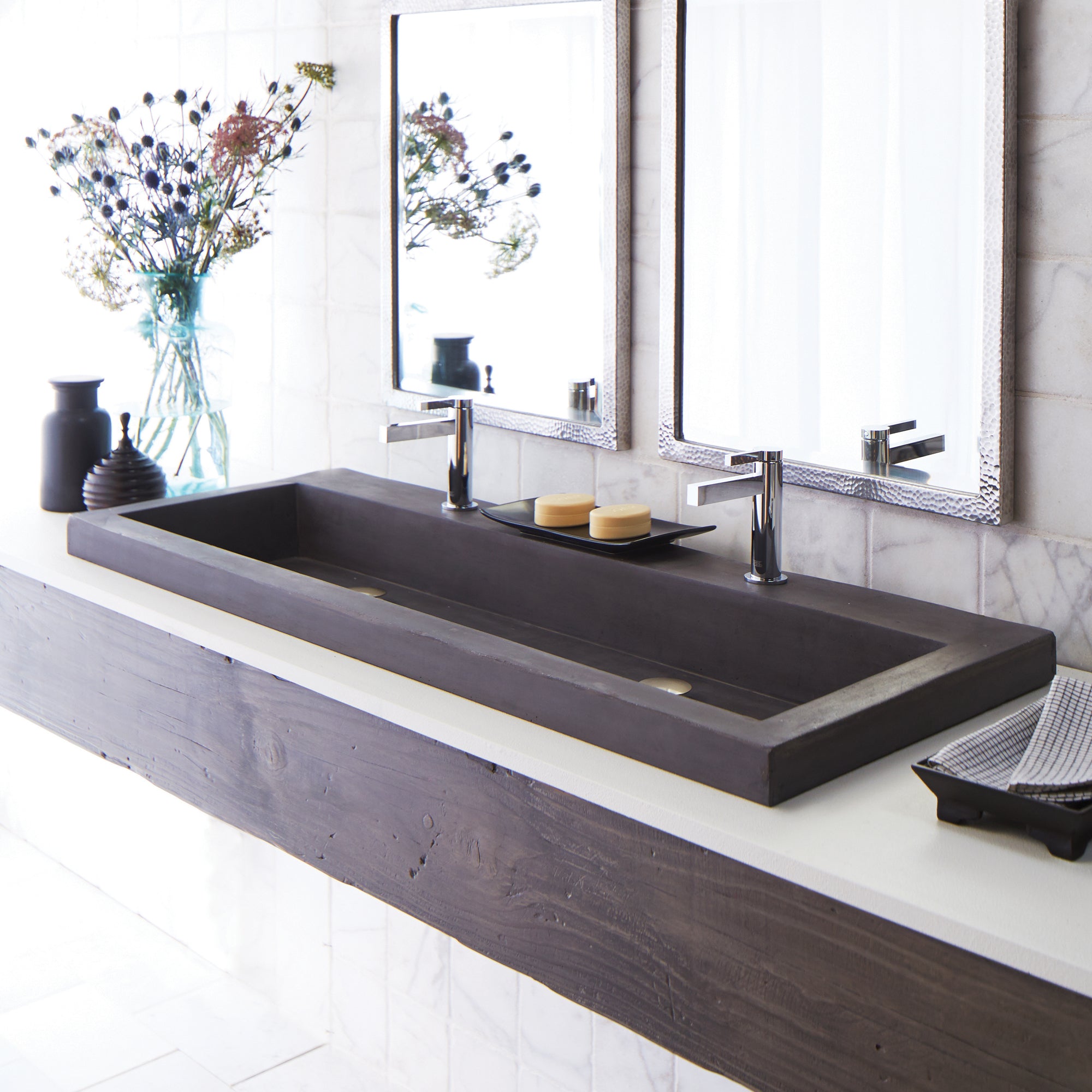 Native Trails Trough 48" Rectangle NativeStone Concrete Bathroom Sink, 2 Faucet Holes, Slate, NSL4819-S