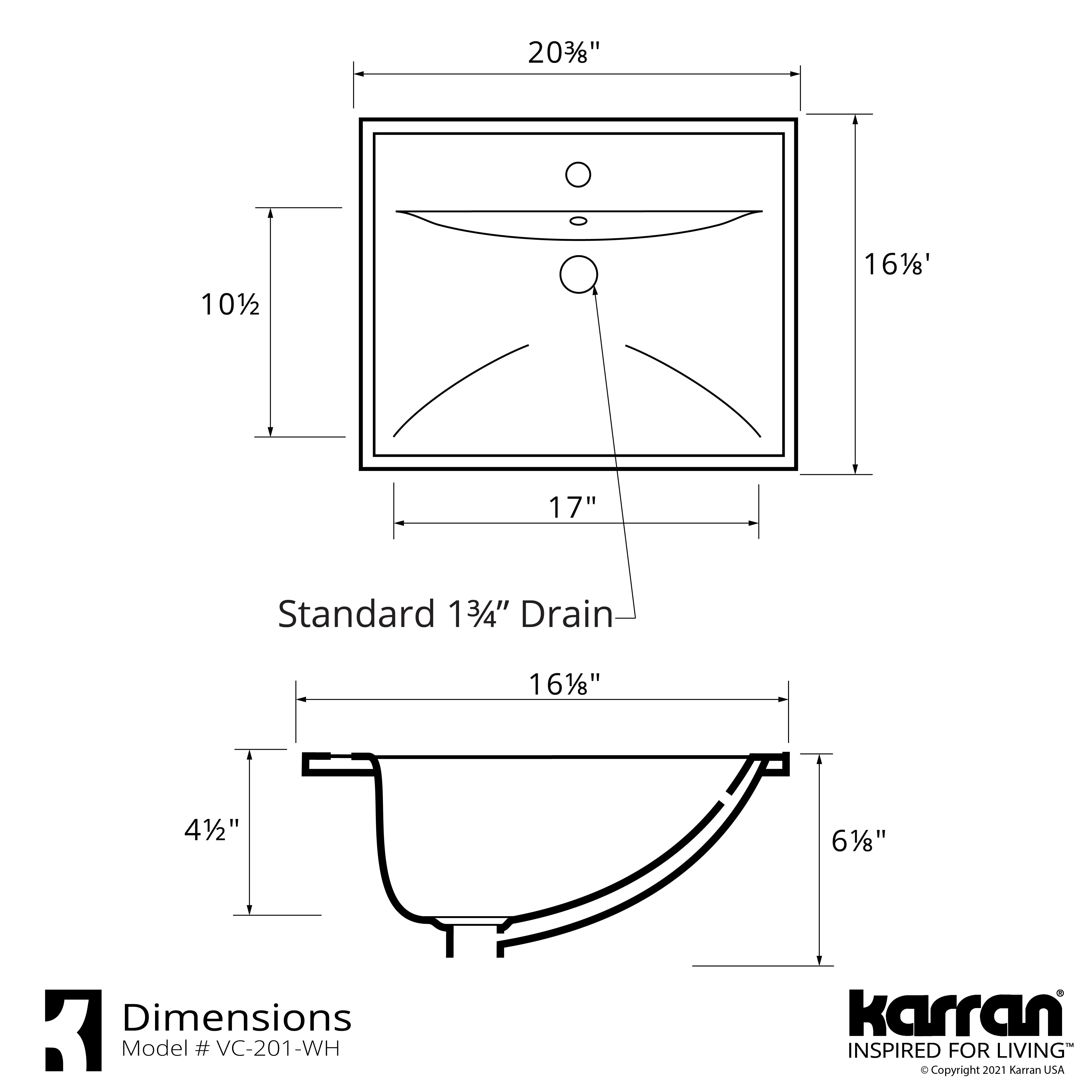 Karran Valera 20.375" x 16.125" x 4.5" Rectangular Vessel Vitreous China ADA Bathroom Sink, White, VC-201-WH