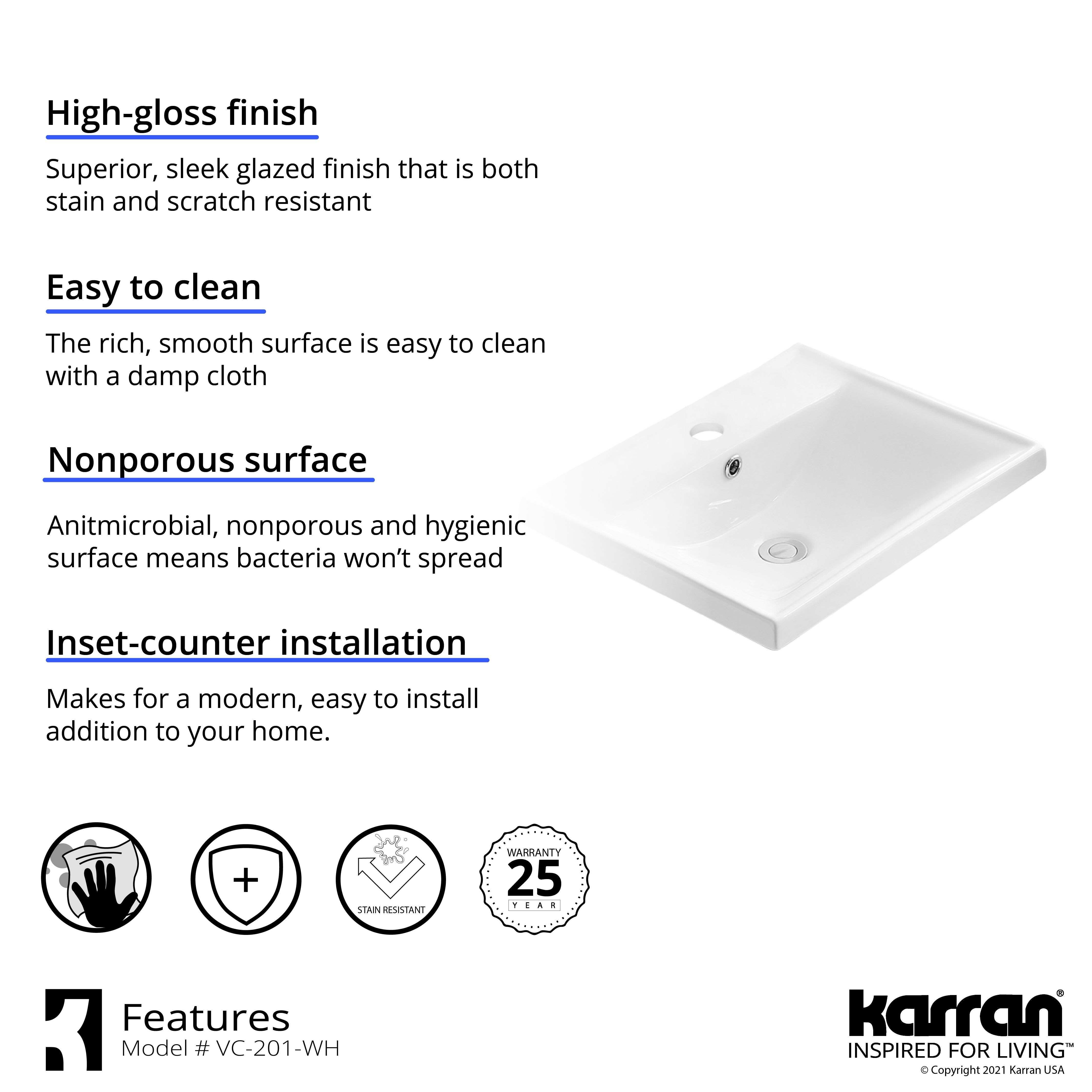 Karran Valera 20.375" x 16.125" x 4.5" Rectangular Vessel Vitreous China ADA Bathroom Sink, White, VC-201-WH
