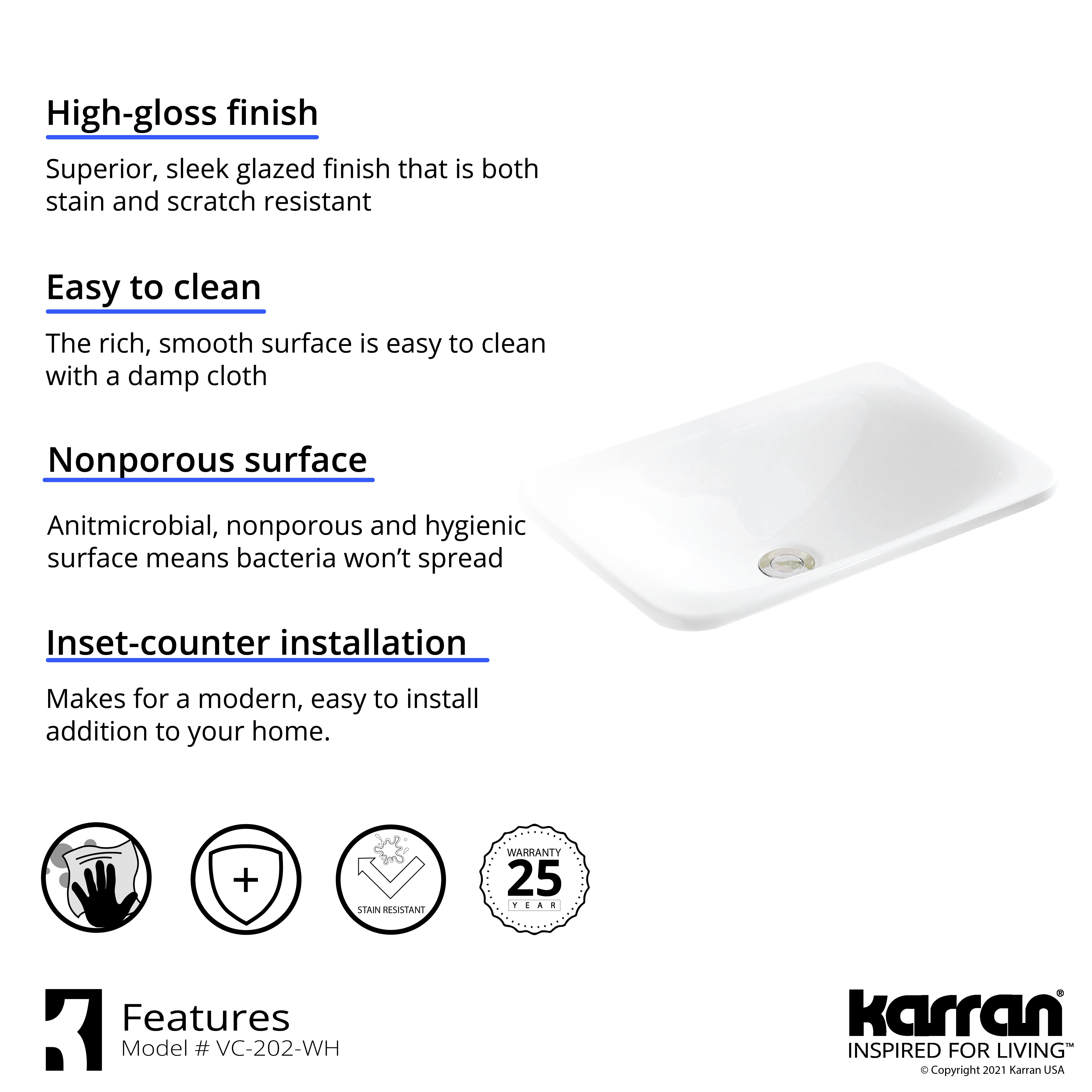 Karran Valera 21.125" x 14.5" x 4" Rectangular Vessel Vitreous China ADA Bathroom Sink, White, VC-202-WH