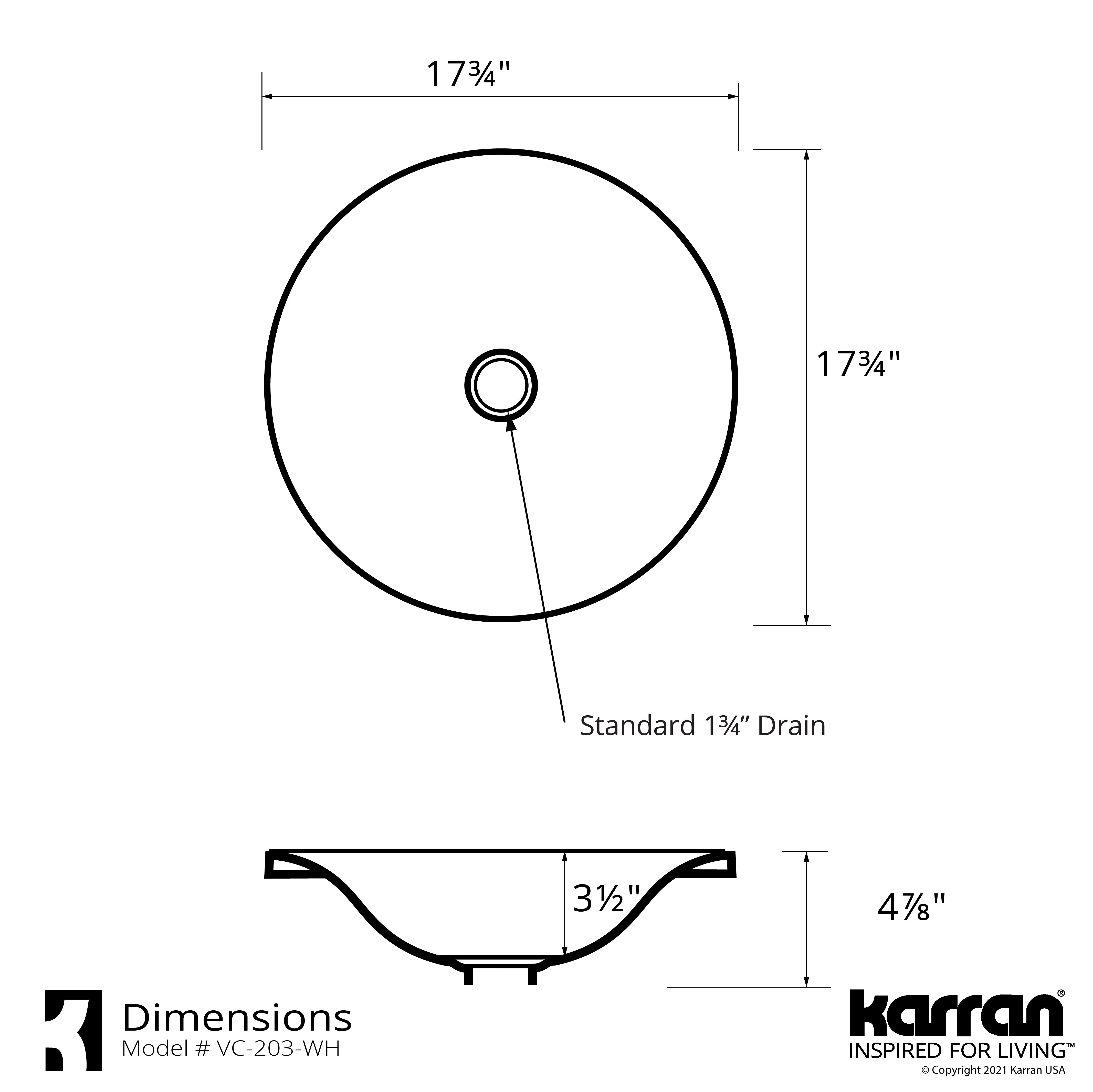 Karran Valera 17.75" x 17.75" x 3.5" Round Vessel Vitreous China ADA Bathroom Sink, White, VC-203-WH