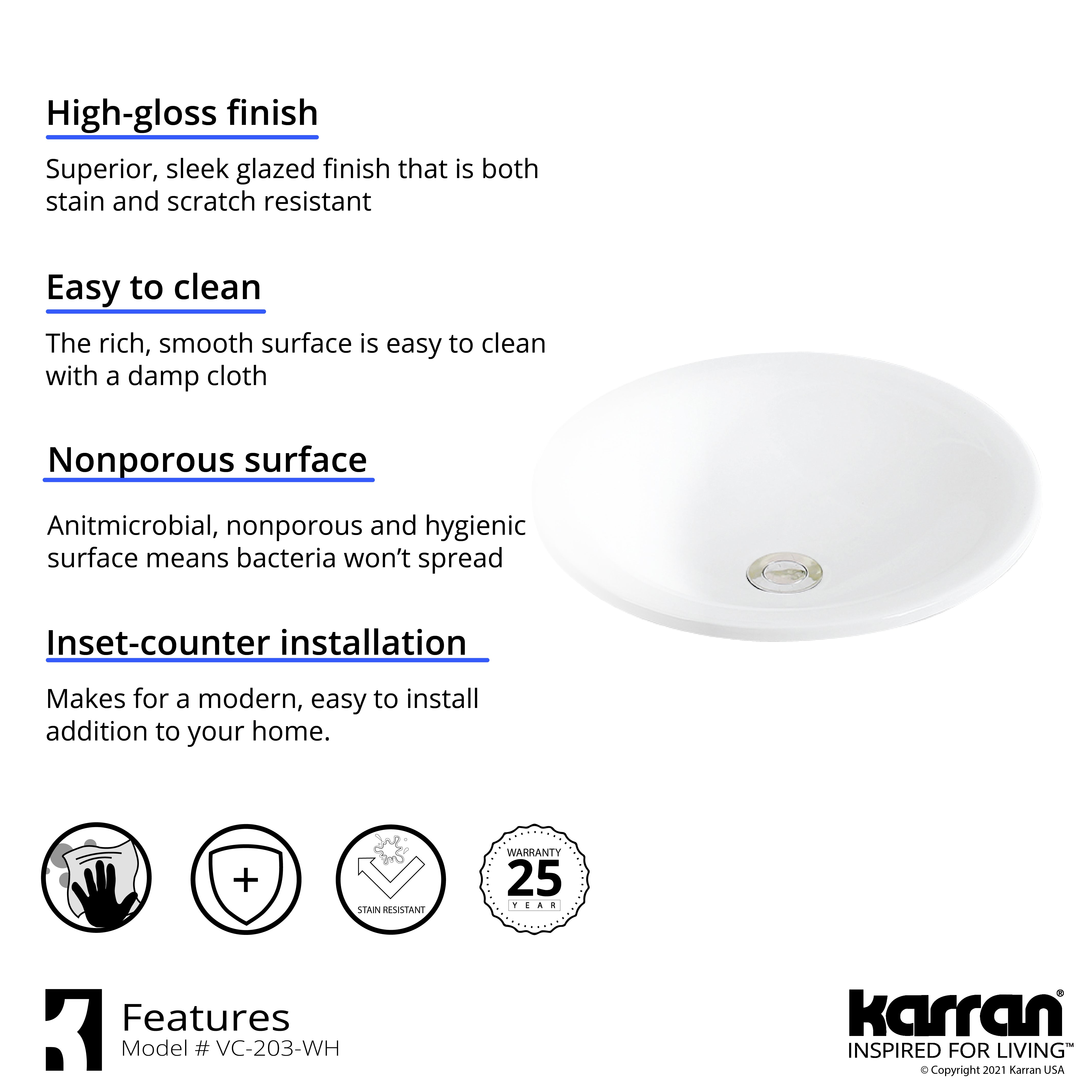 Karran Valera 17.75" x 17.75" x 3.5" Round Vessel Vitreous China ADA Bathroom Sink, White, VC-203-WH