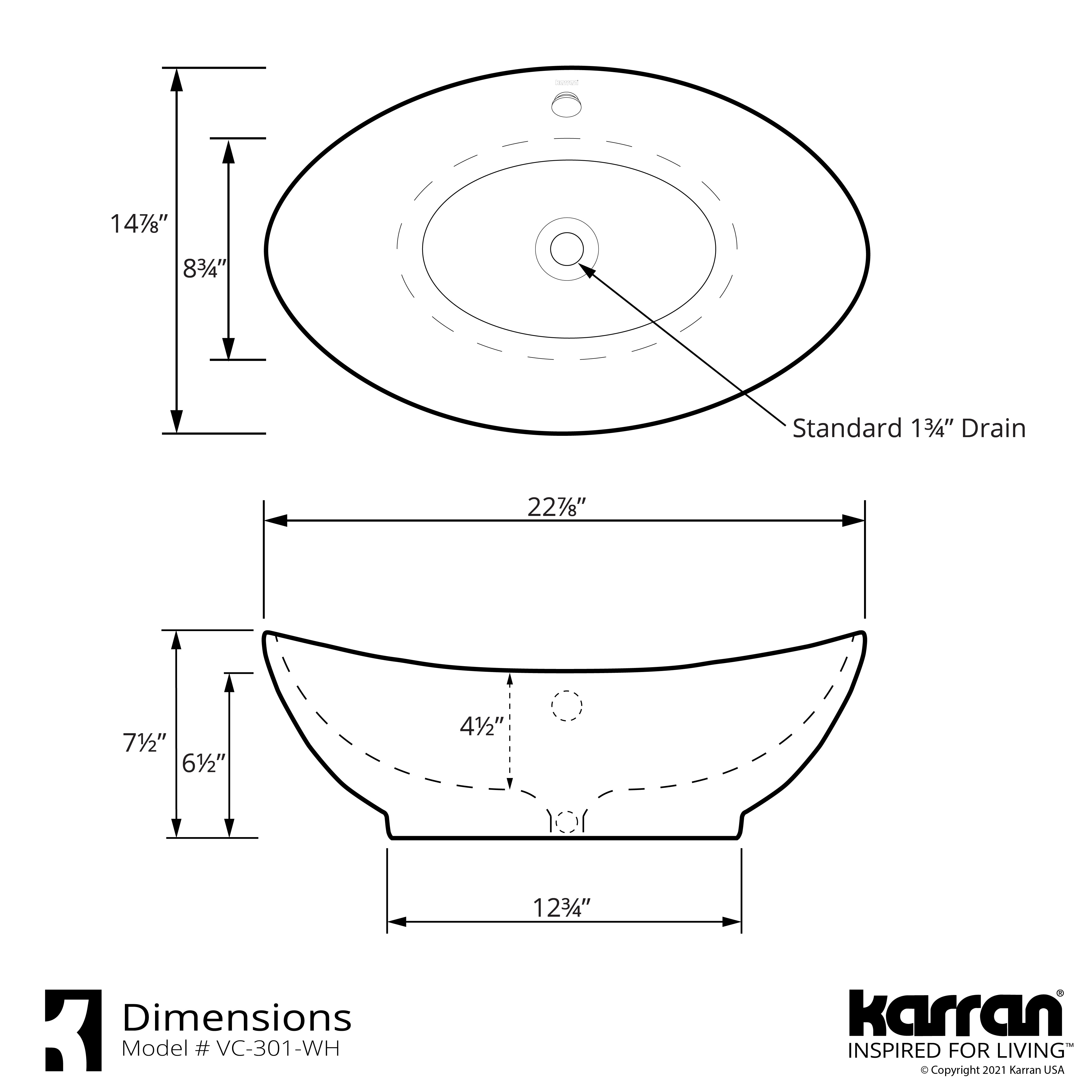 Karran Valera 22.875" x 14.875" x 4.5" Oval Vessel Vitreous China ADA Bathroom Sink, White, VC-301-WH