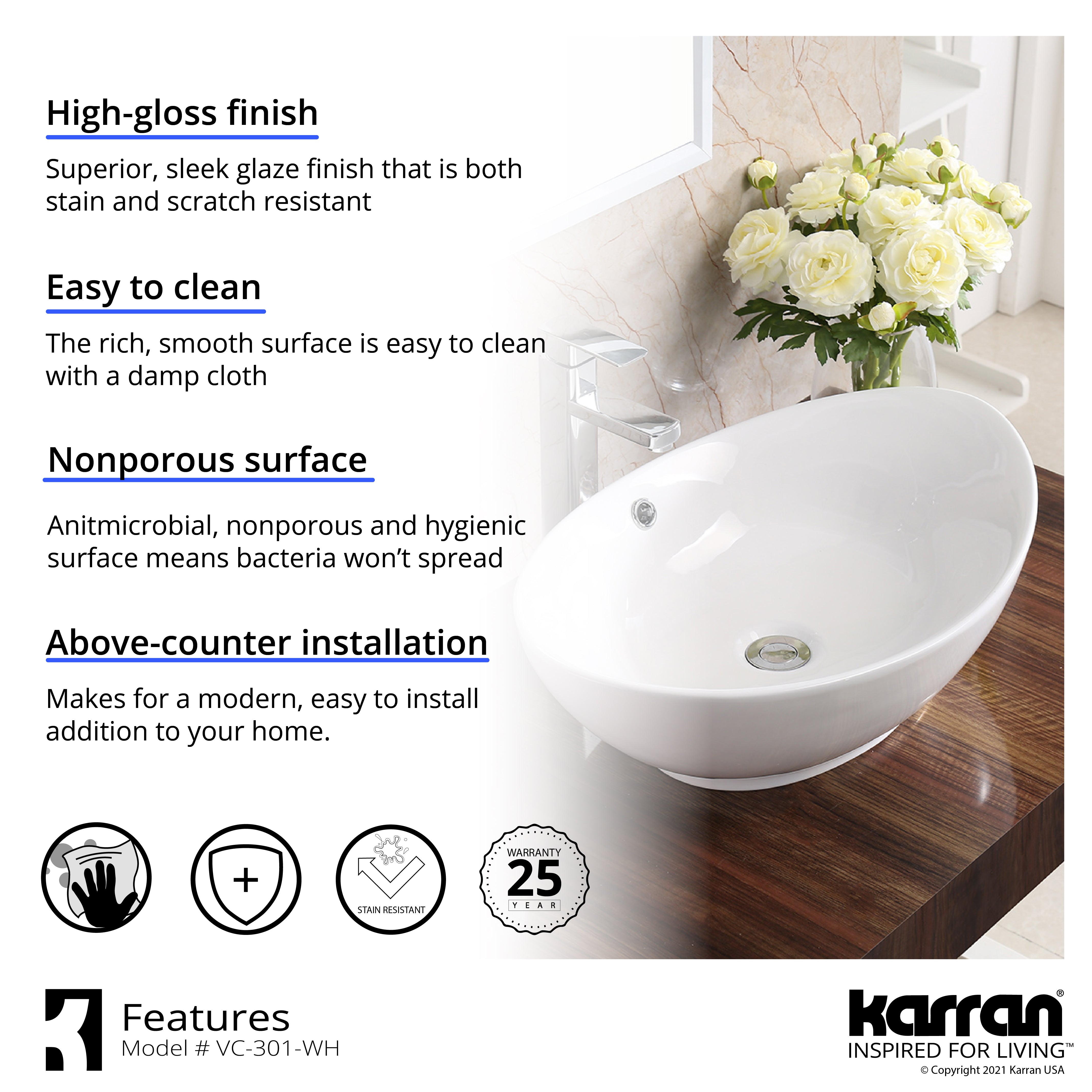 Karran Valera 22.875" x 14.875" x 4.5" Oval Vessel Vitreous China ADA Bathroom Sink, White, VC-301-WH