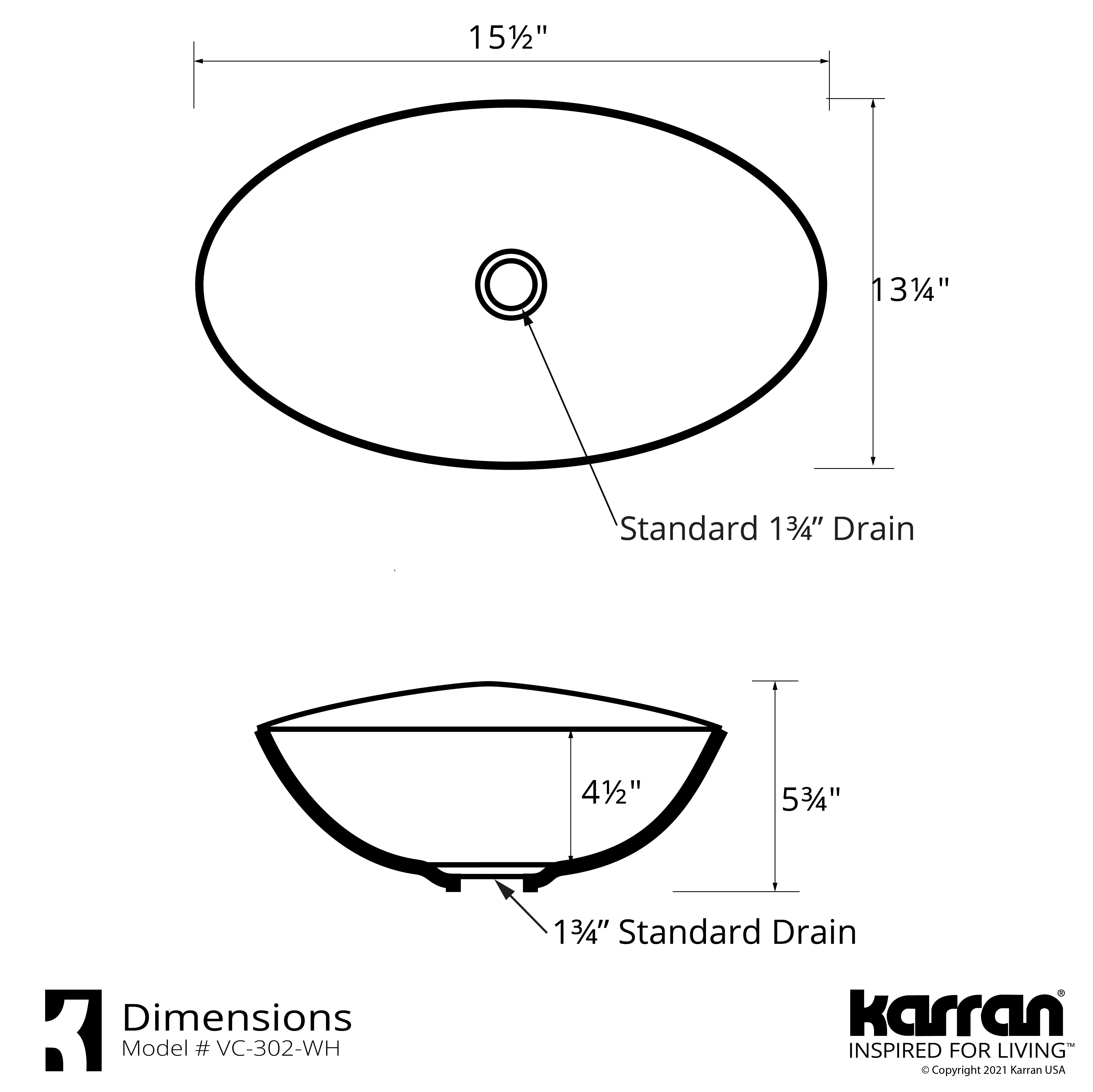 Karran Valera 15.5" x 13.25" x 4.5" Oval Vessel Vitreous China ADA Bathroom Sink, White, VC-302-WH