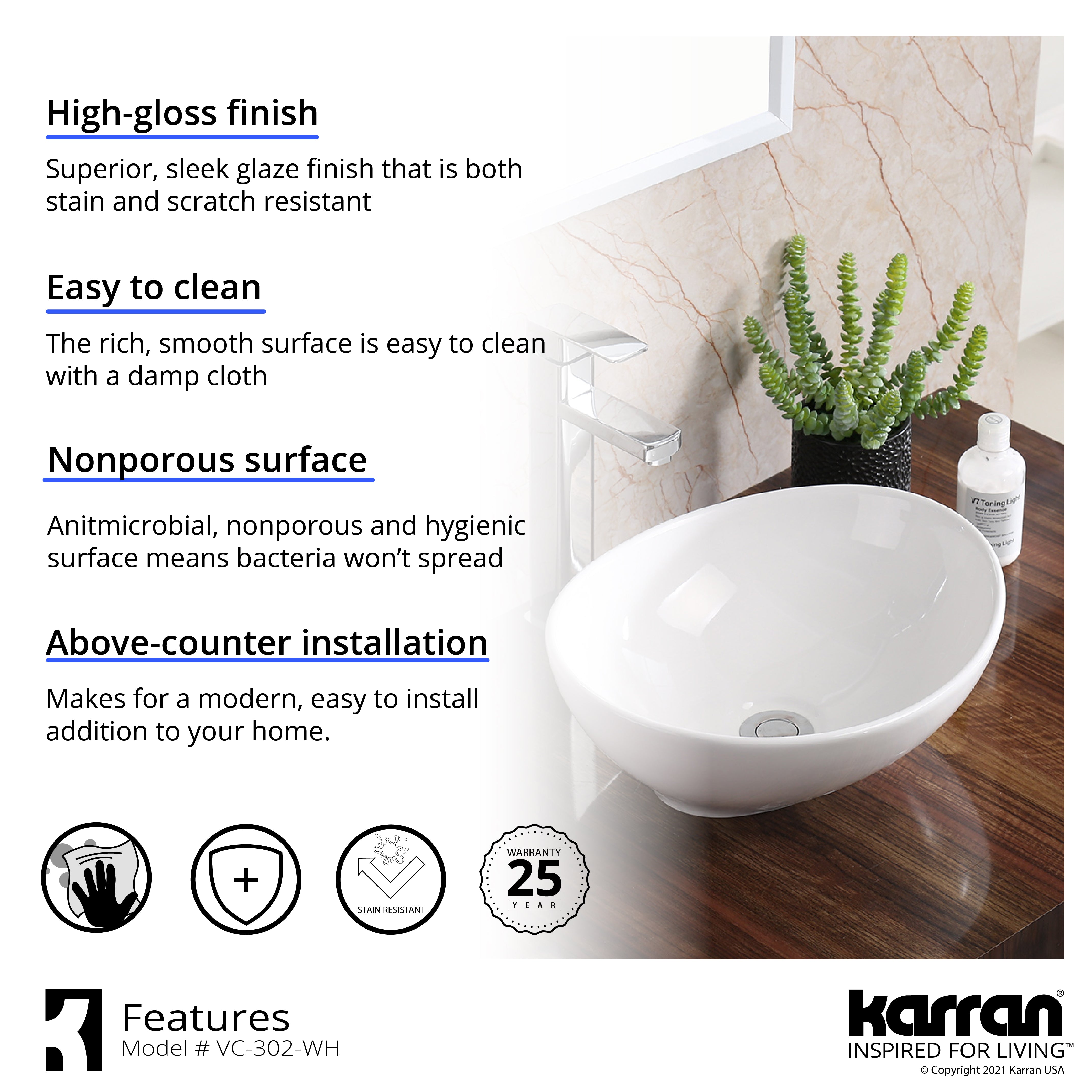 Karran Valera 15.5" x 13.25" x 4.5" Oval Vessel Vitreous China ADA Bathroom Sink, White, VC-302-WH