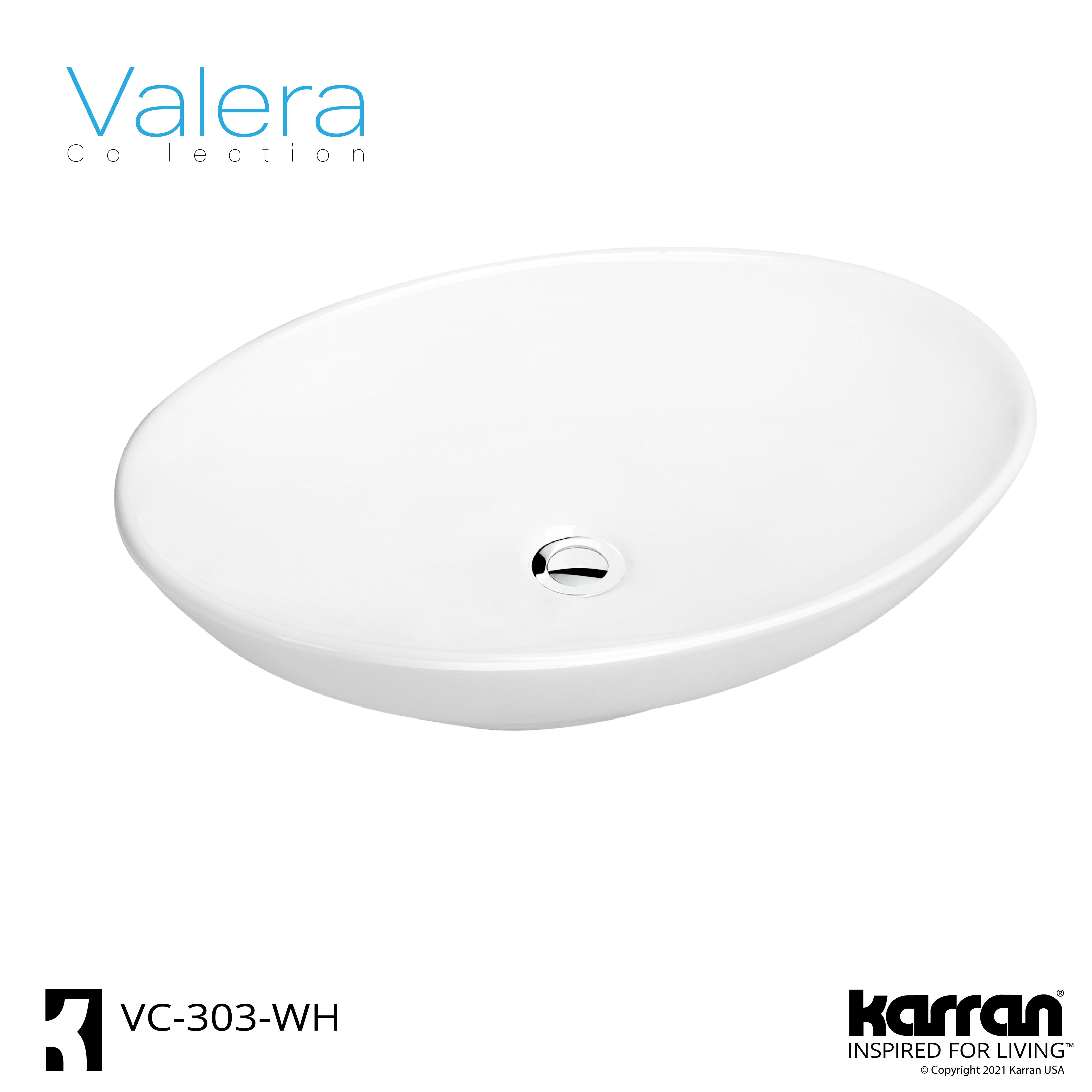 Karran Valera 27" x 163/4" x 31/4" Oval Vessel Vitreous China ADA Bathroom Sink, White, VC-303-WH
