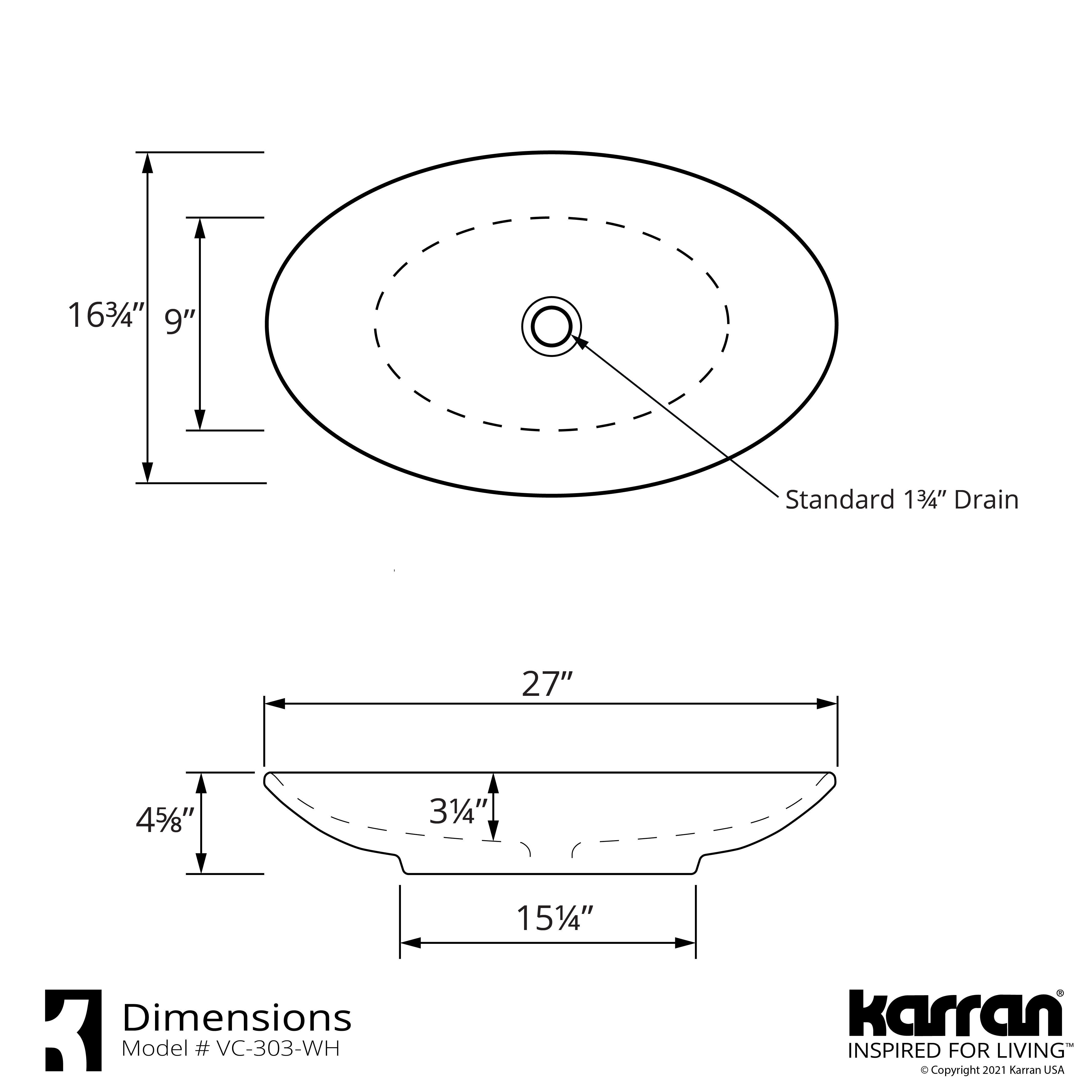 Karran Valera 27" x 163/4" x 31/4" Oval Vessel Vitreous China ADA Bathroom Sink, White, VC-303-WH