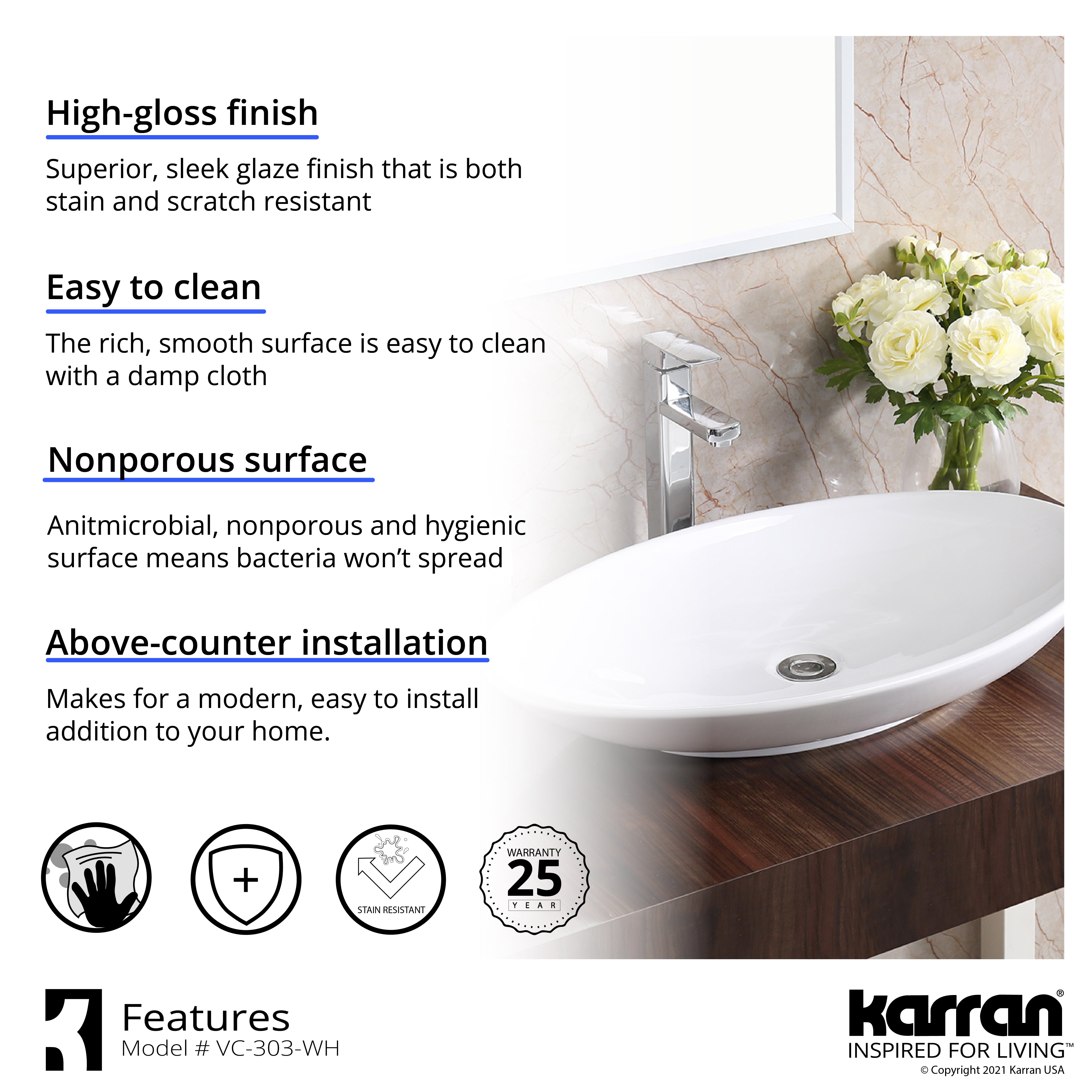 Karran Valera 27" x 163/4" x 31/4" Oval Vessel Vitreous China ADA Bathroom Sink, White, VC-303-WH
