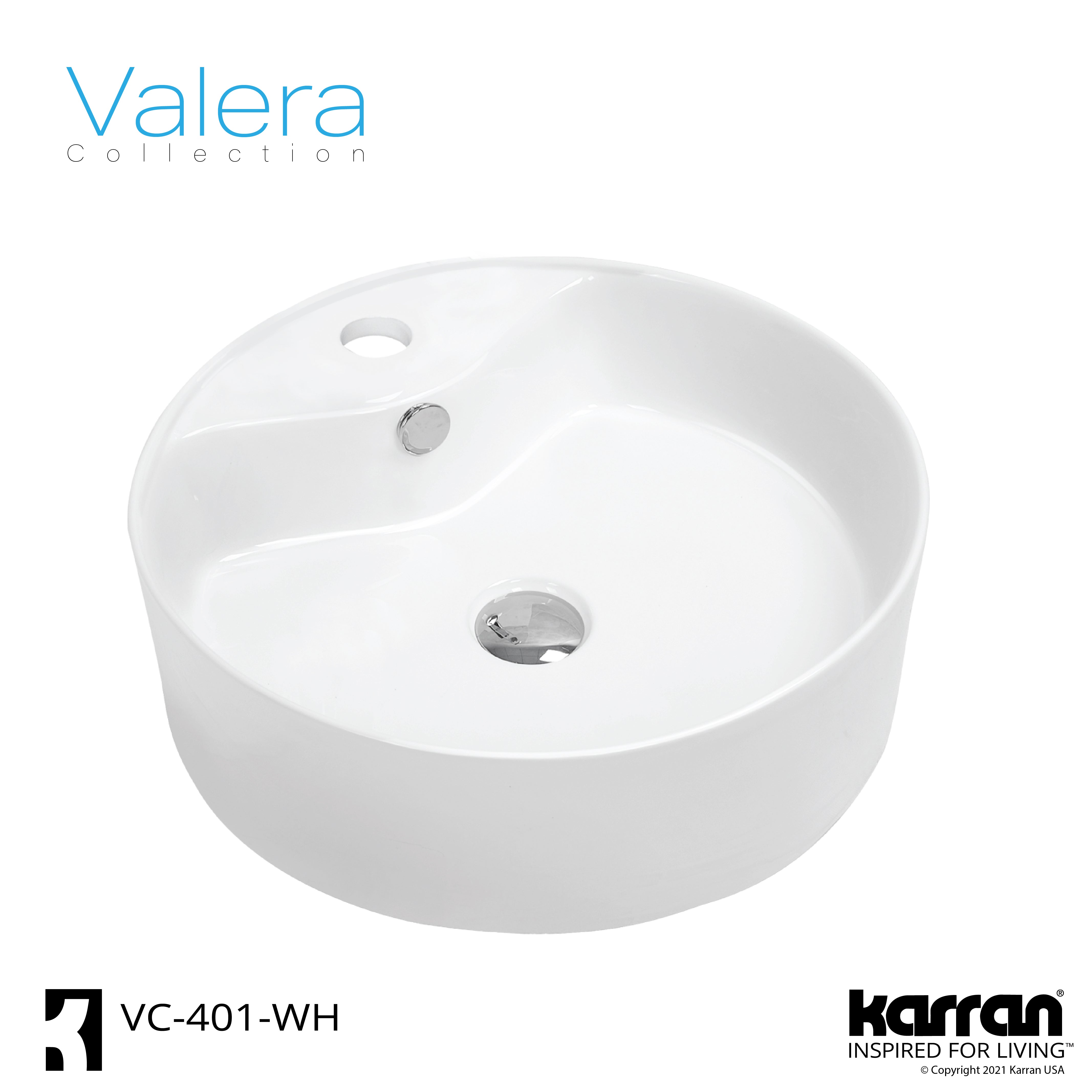 Karran Valera 18.125" x 18.125" x 4.25" Round Vessel Vitreous China ADA Bathroom Sink, White, VC-401-WH