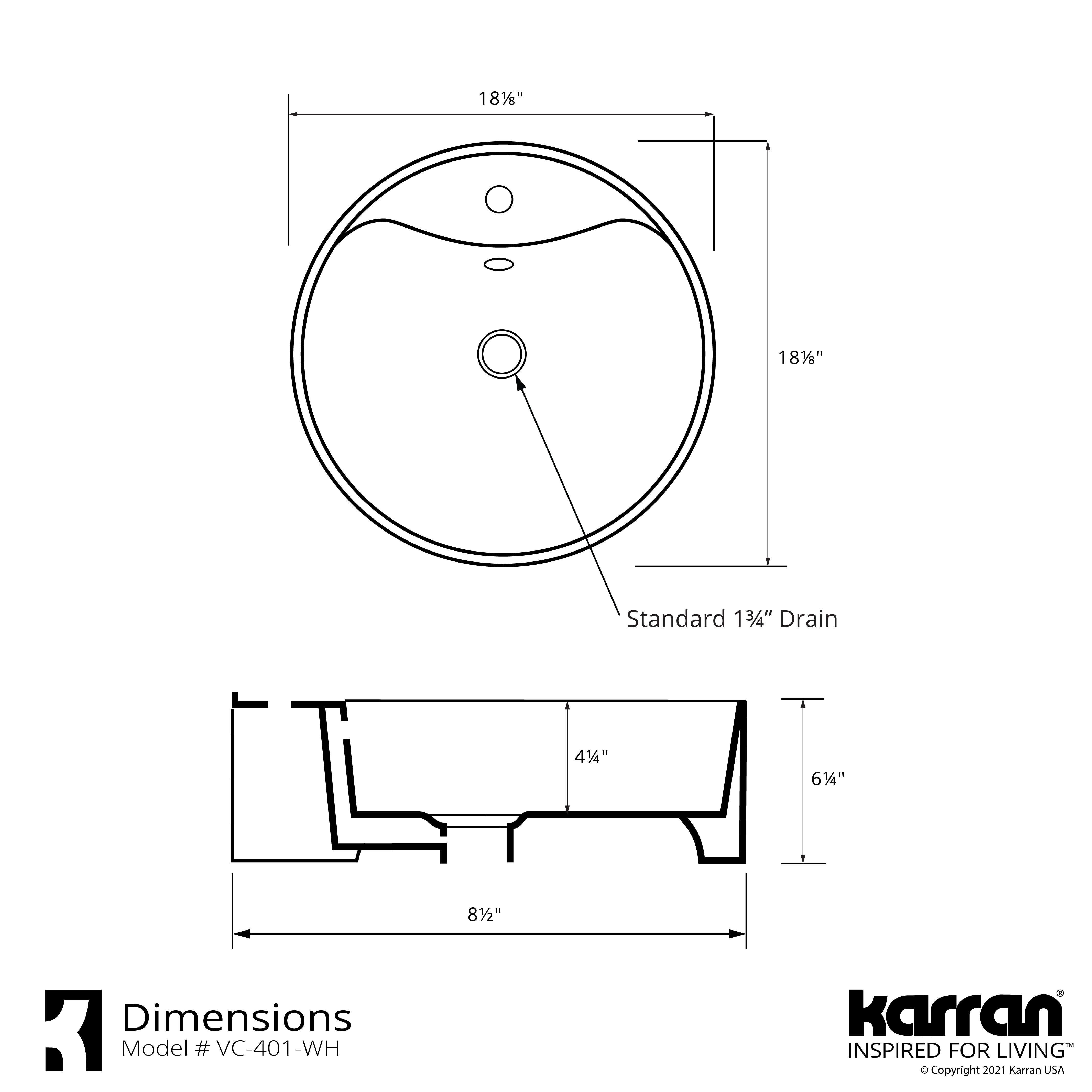 Karran Valera 18.125" x 18.125" x 4.25" Round Vessel Vitreous China ADA Bathroom Sink, White, VC-401-WH
