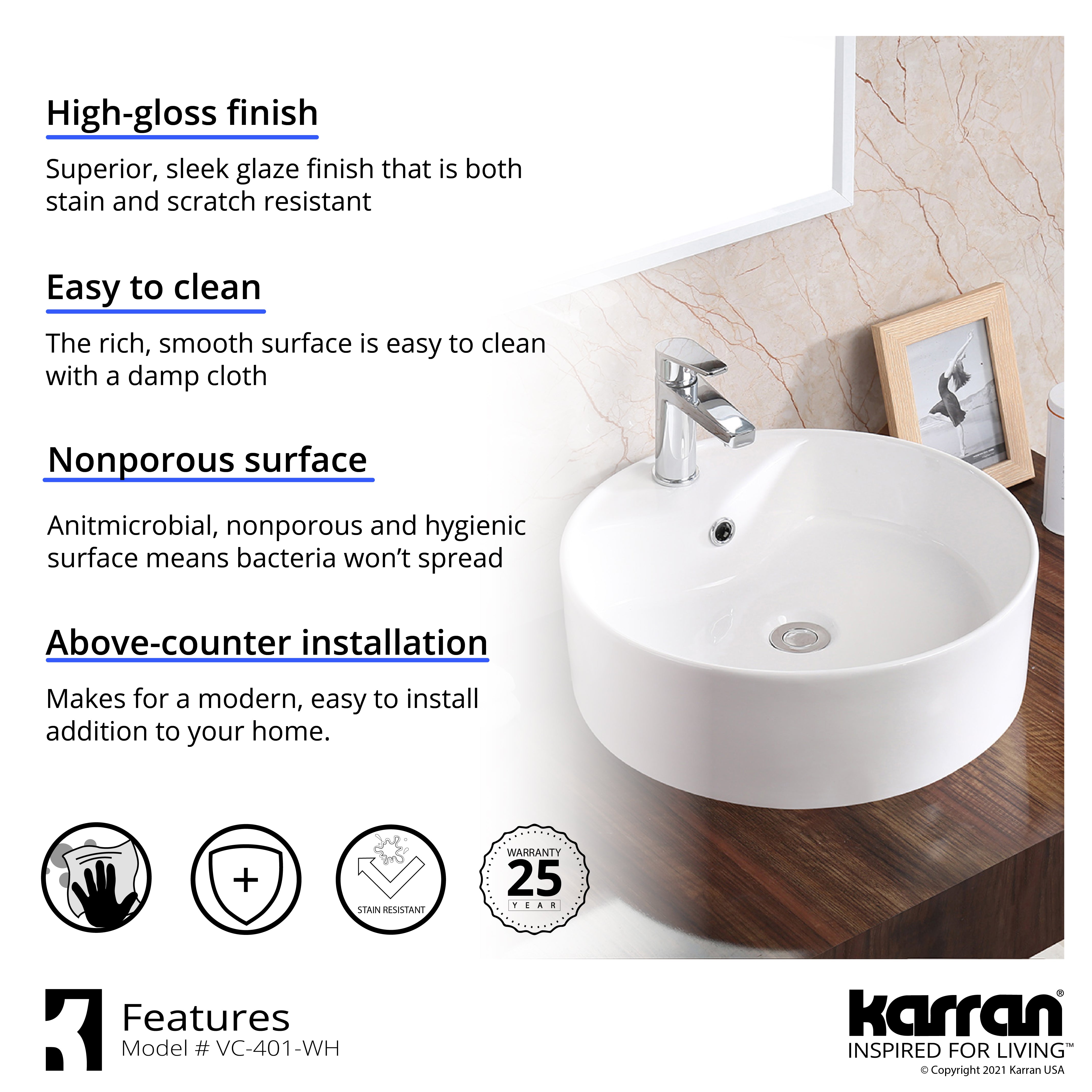Karran Valera 18.125" x 18.125" x 4.25" Round Vessel Vitreous China ADA Bathroom Sink, White, VC-401-WH