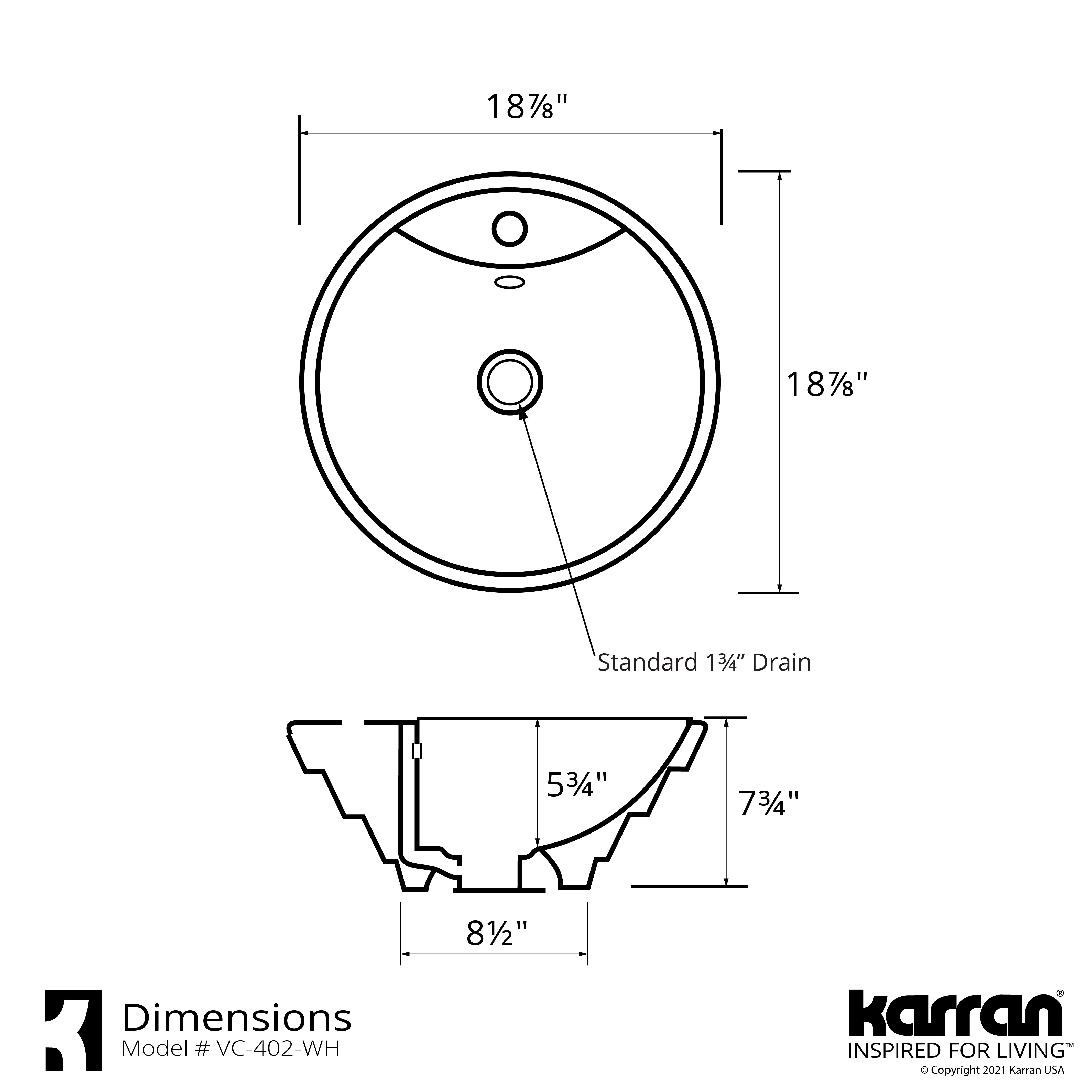 Karran Valera 18.875" x 18.875" x 5.75" Round Vessel Vitreous China ADA Bathroom Sink, White, VC-402-WH