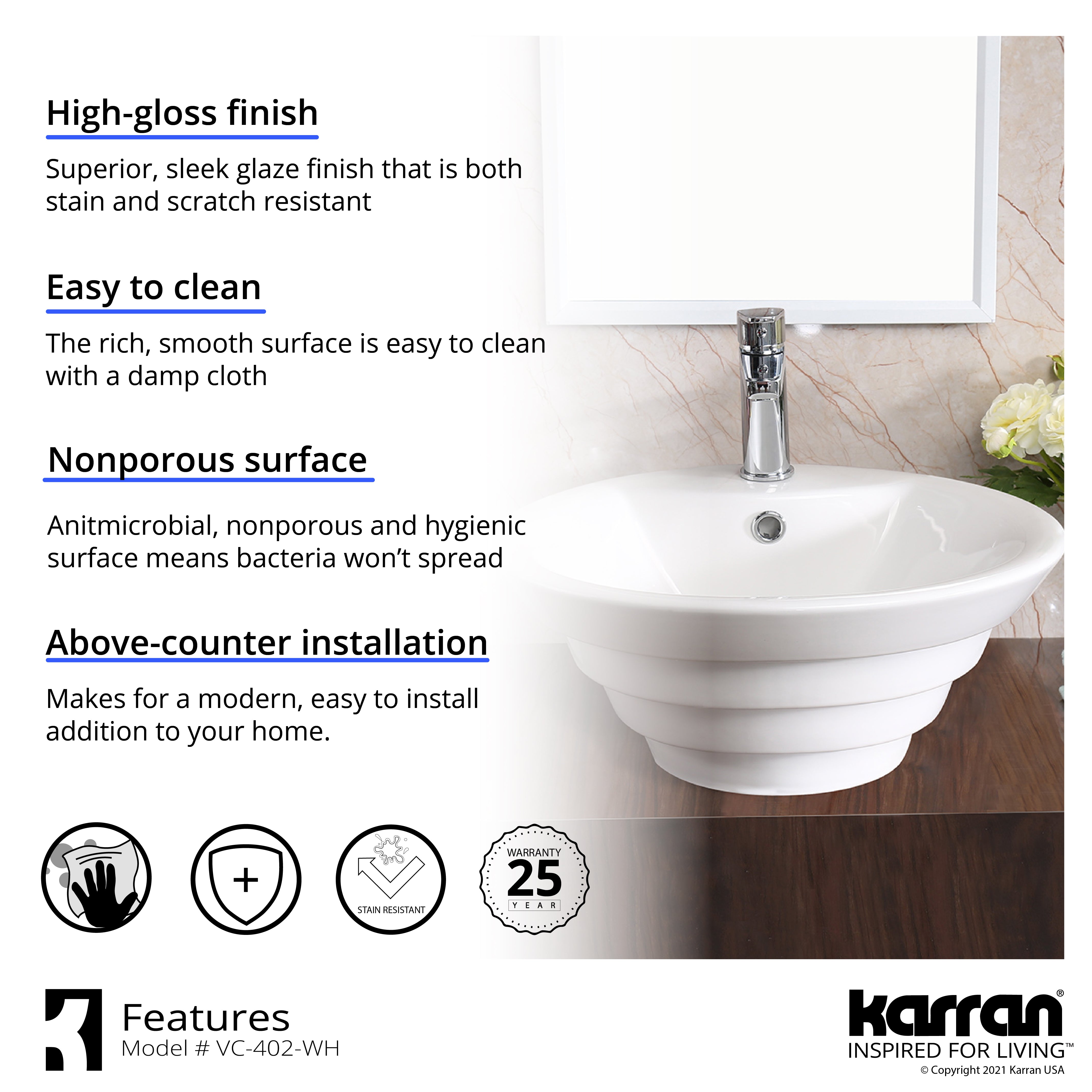 Karran Valera 18.875" x 18.875" x 5.75" Round Vessel Vitreous China ADA Bathroom Sink, White, VC-402-WH