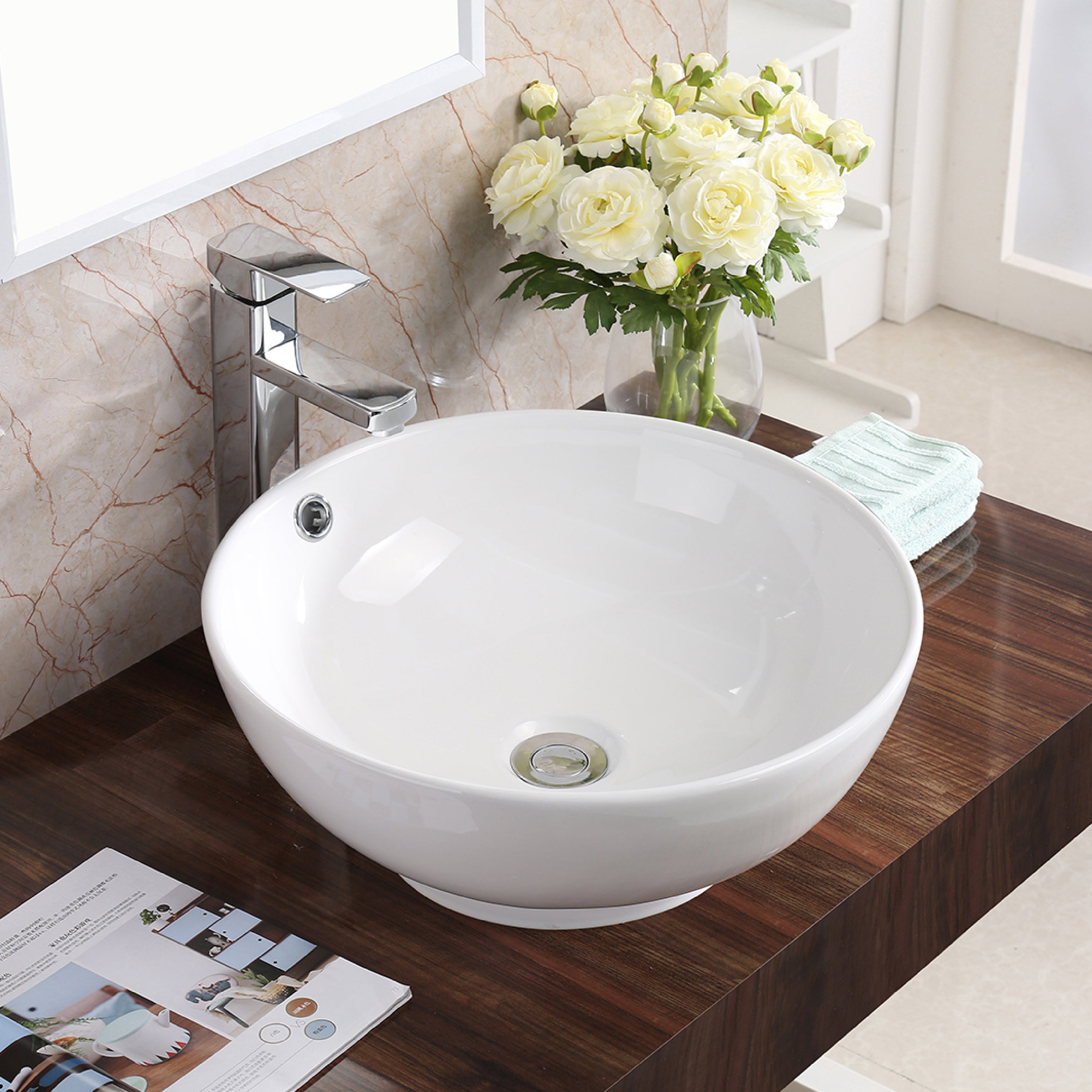 Karran Valera 16.625" x 16.625" x 5" Round Vessel Vitreous China ADA Bathroom Sink, White, VC-410-WH
