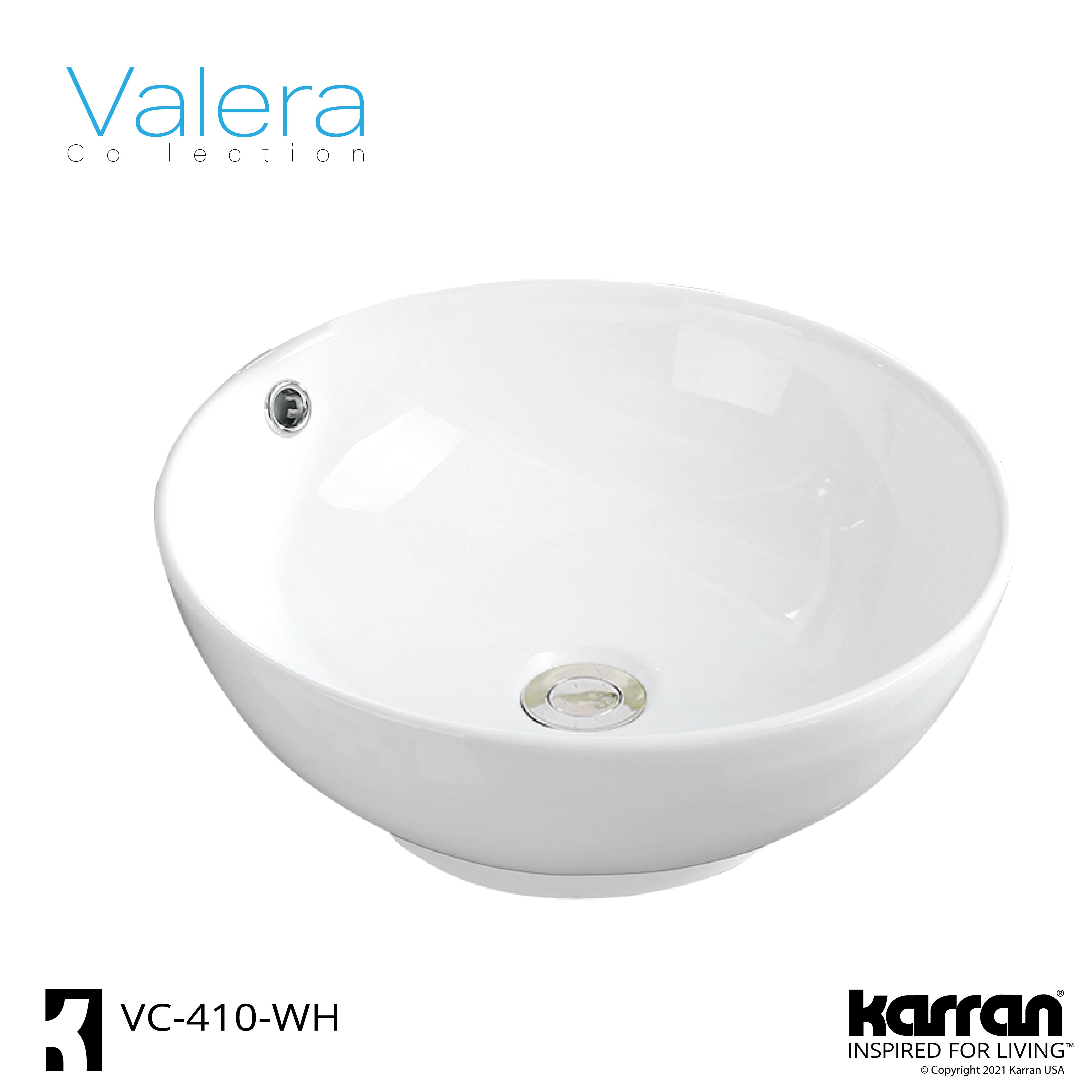 Karran Valera 16.625" x 16.625" x 5" Round Vessel Vitreous China ADA Bathroom Sink, White, VC-410-WH