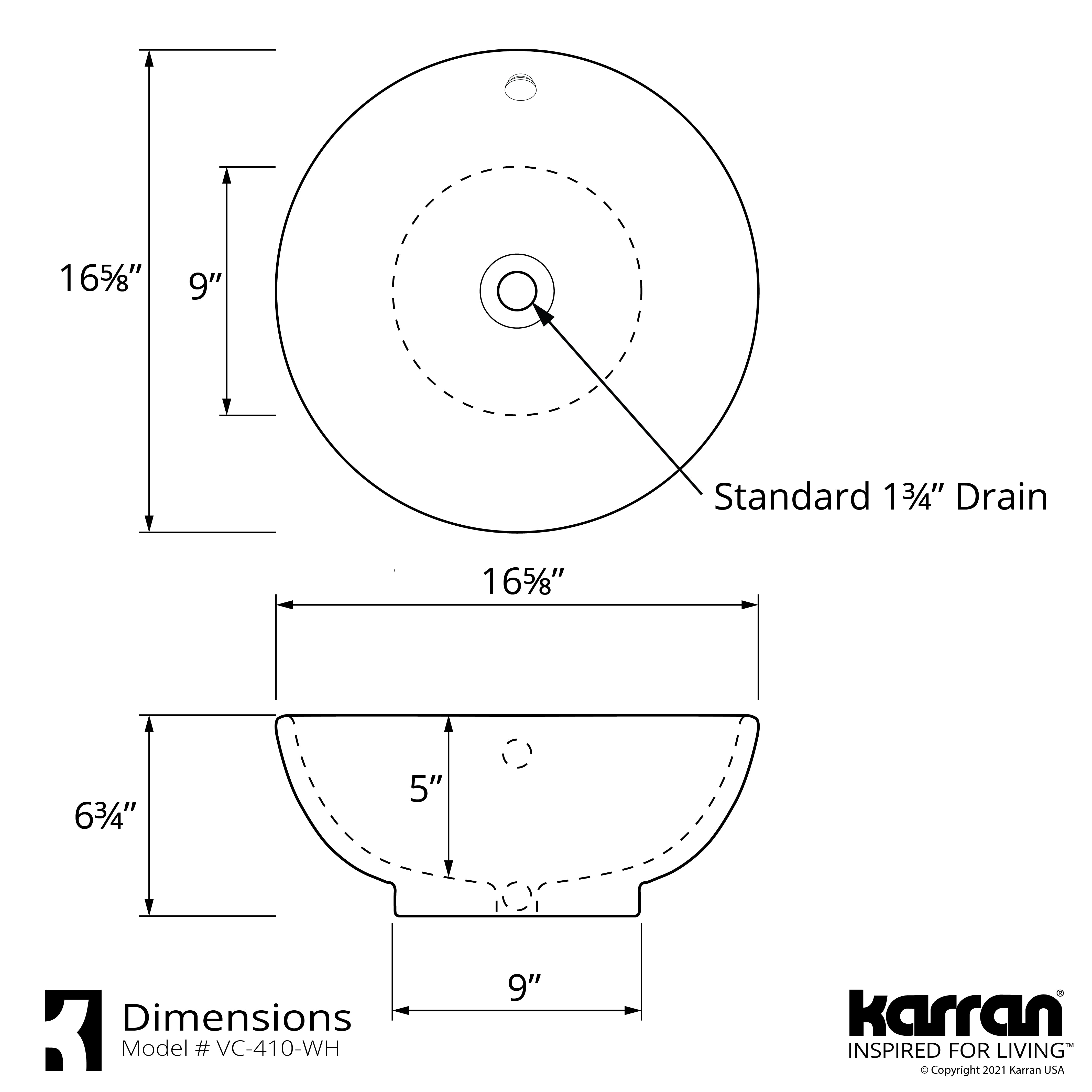 Karran Valera 16.625" x 16.625" x 5" Round Vessel Vitreous China ADA Bathroom Sink, White, VC-410-WH