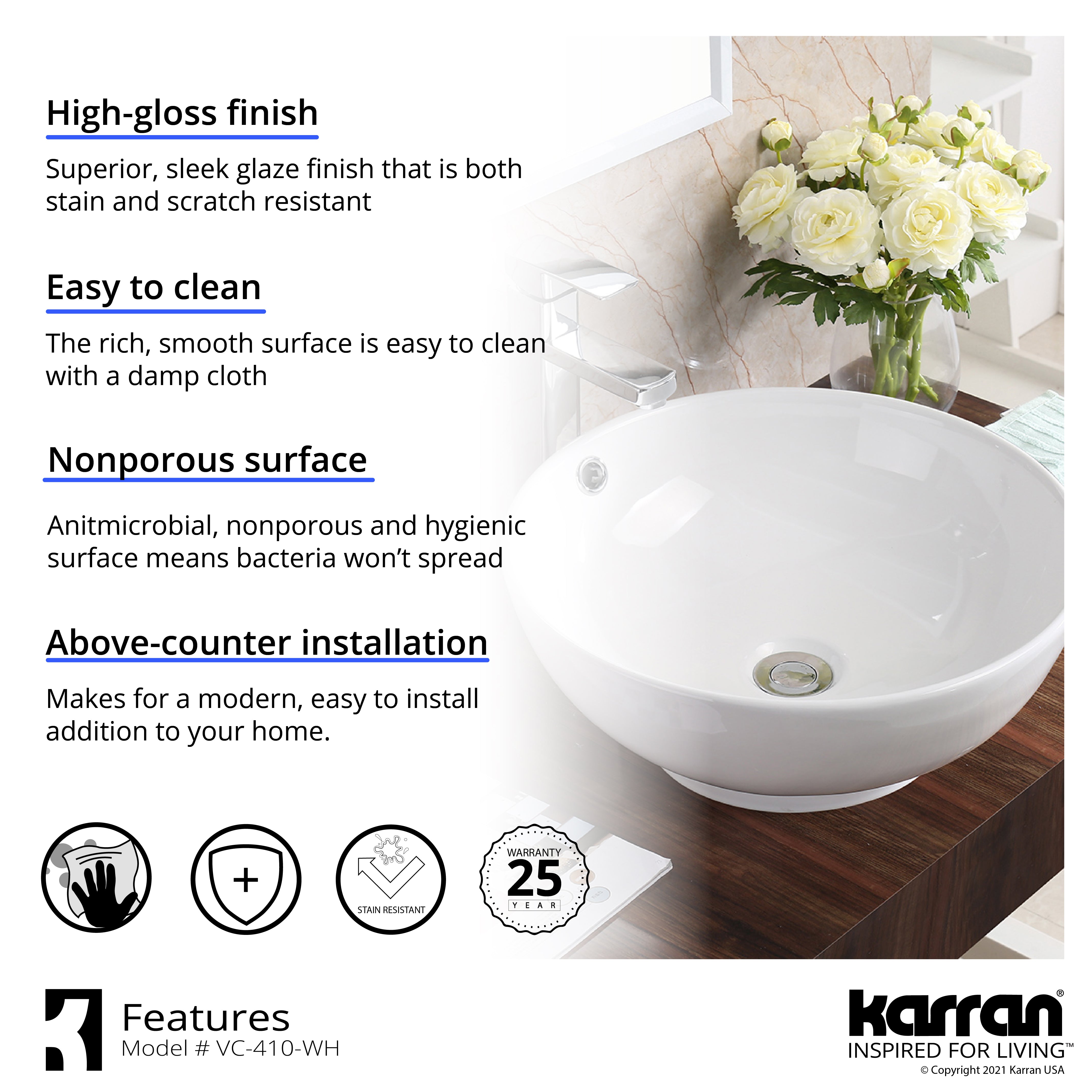 Karran Valera 16.625" x 16.625" x 5" Round Vessel Vitreous China ADA Bathroom Sink, White, VC-410-WH
