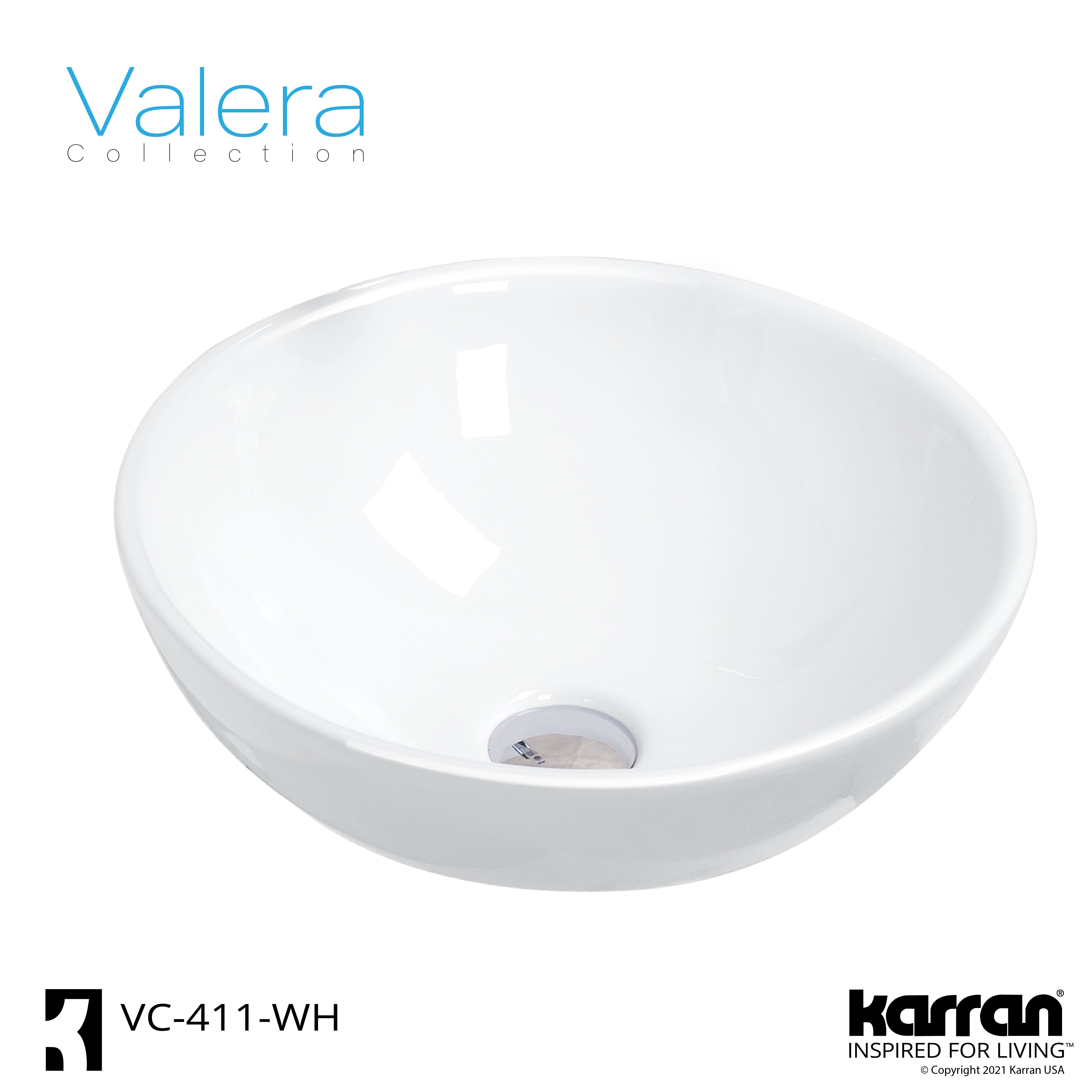 Karran Valera 15.5" x 15.5" x 5" Round Vessel Vitreous China ADA Bathroom Sink, White, VC-411-WH