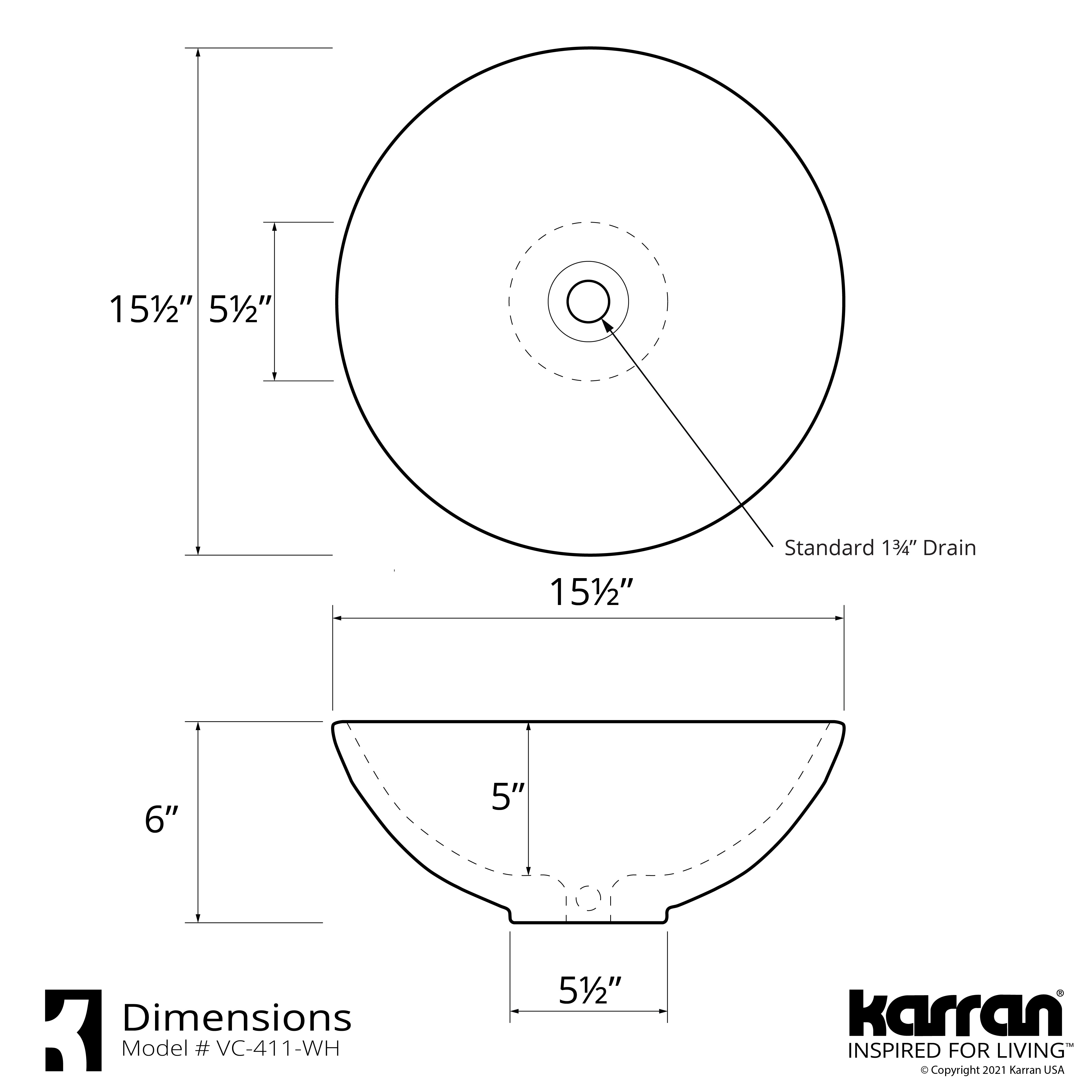 Karran Valera 15.5" x 15.5" x 5" Round Vessel Vitreous China ADA Bathroom Sink, White, VC-411-WH