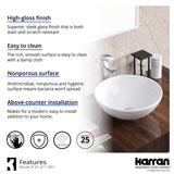 Karran Valera 15.5" x 15.5" x 5" Round Vessel Vitreous China ADA Bathroom Sink, White, VC-411-WH